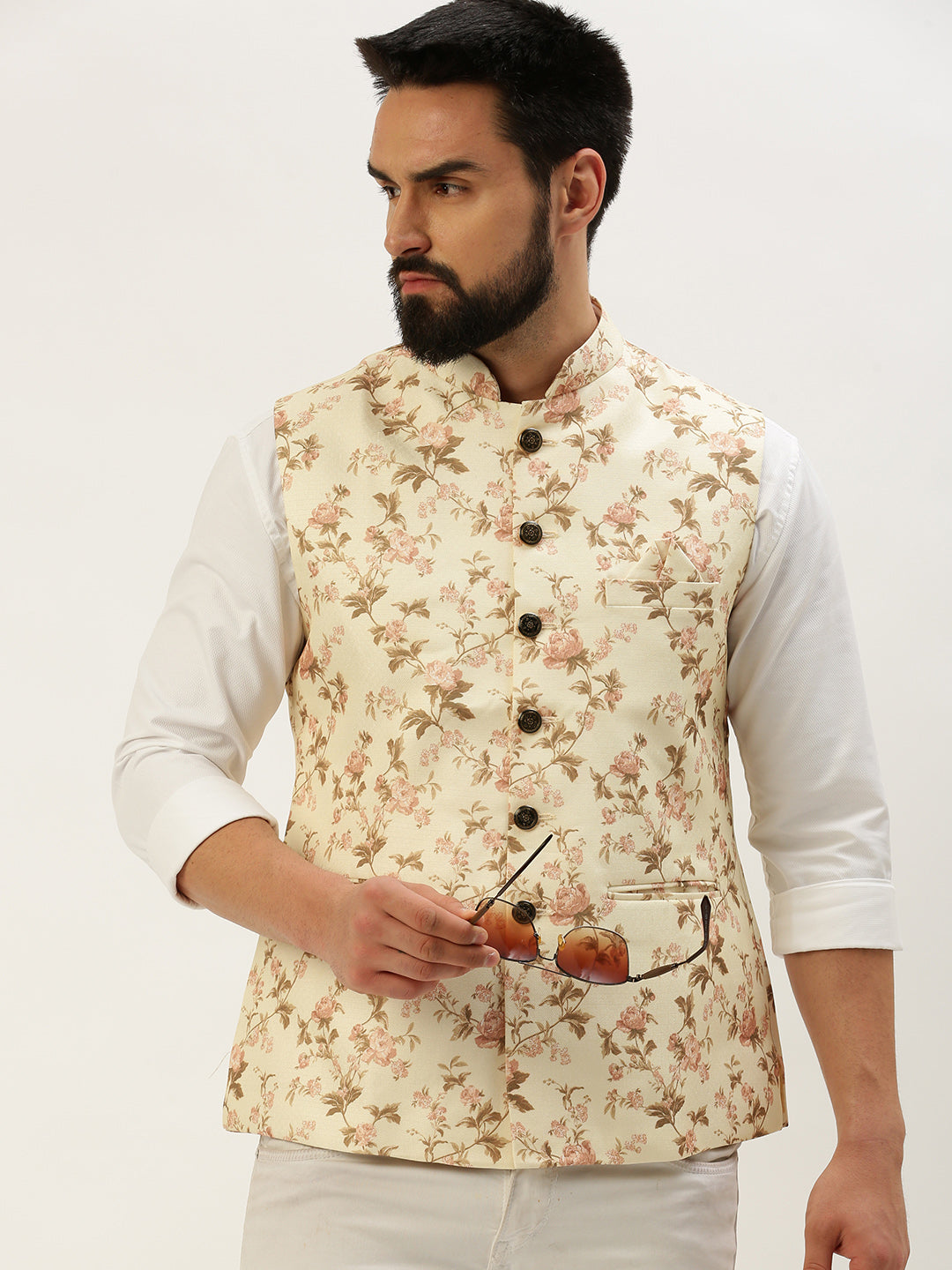 Men Mandarin Collar Printed Cream Nehru Jacket