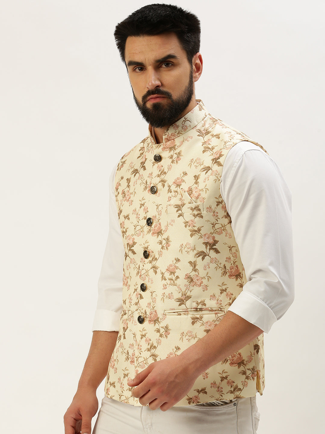 Men Mandarin Collar Printed Cream Nehru Jacket