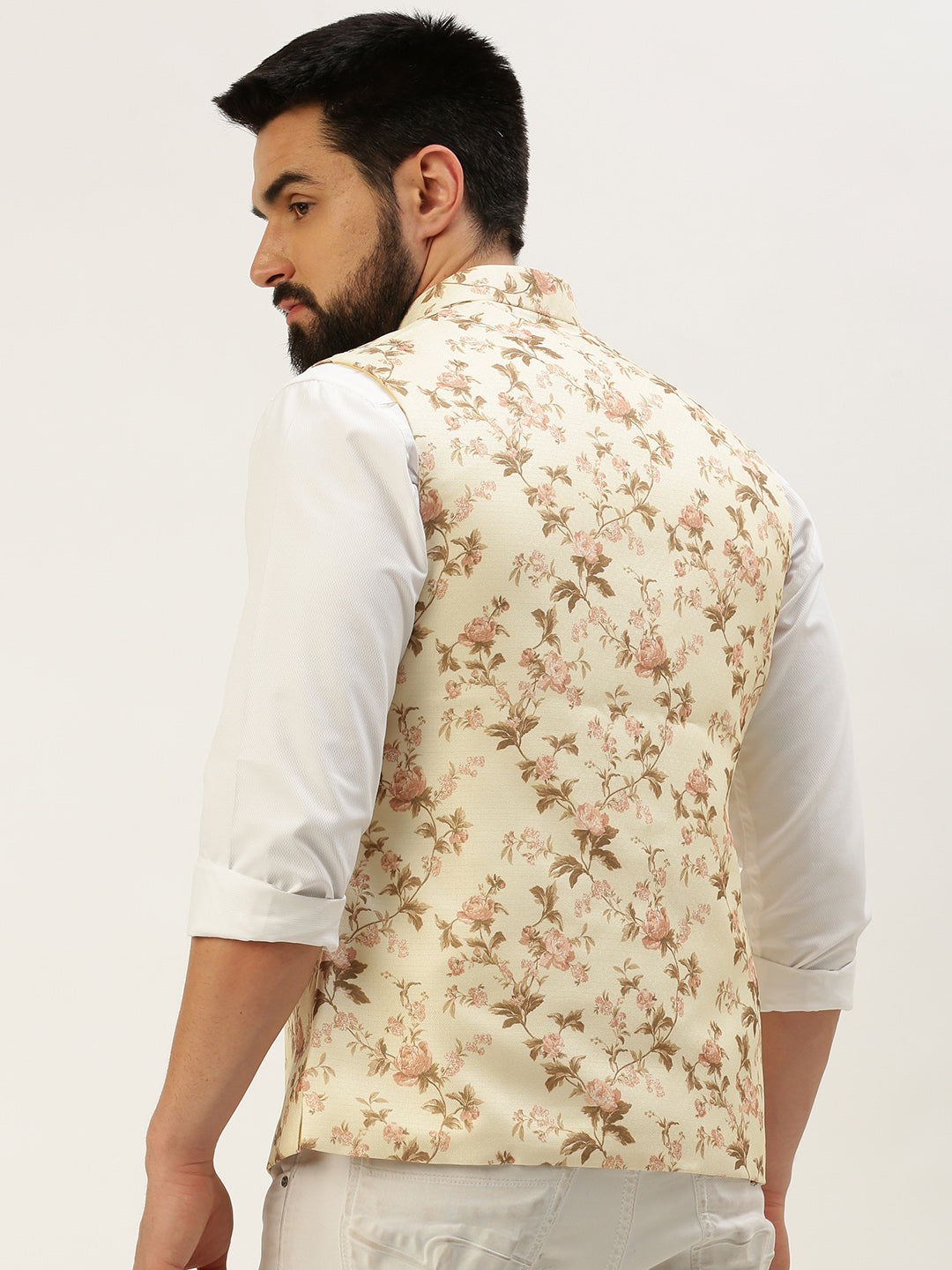 Men Mandarin Collar Printed Cream Nehru Jacket