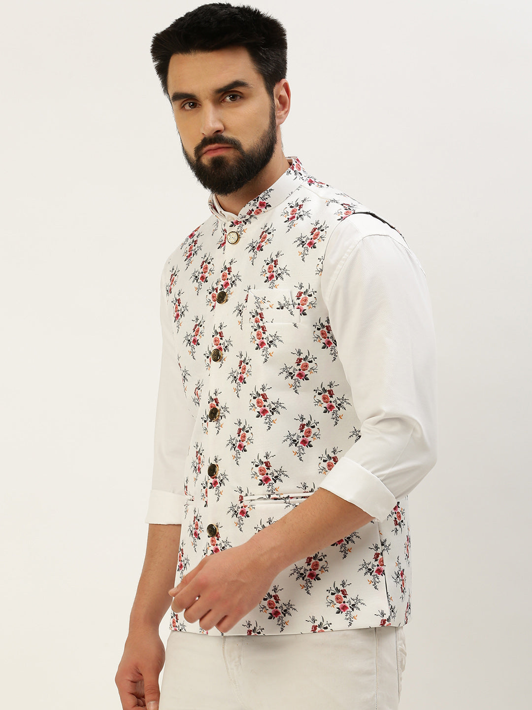 Men Mandarin Collar Printed White Nehru Jacket