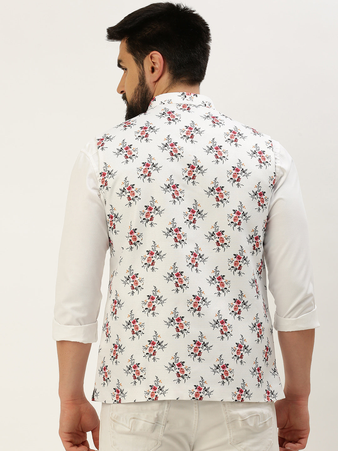 Men Mandarin Collar Printed White Nehru Jacket