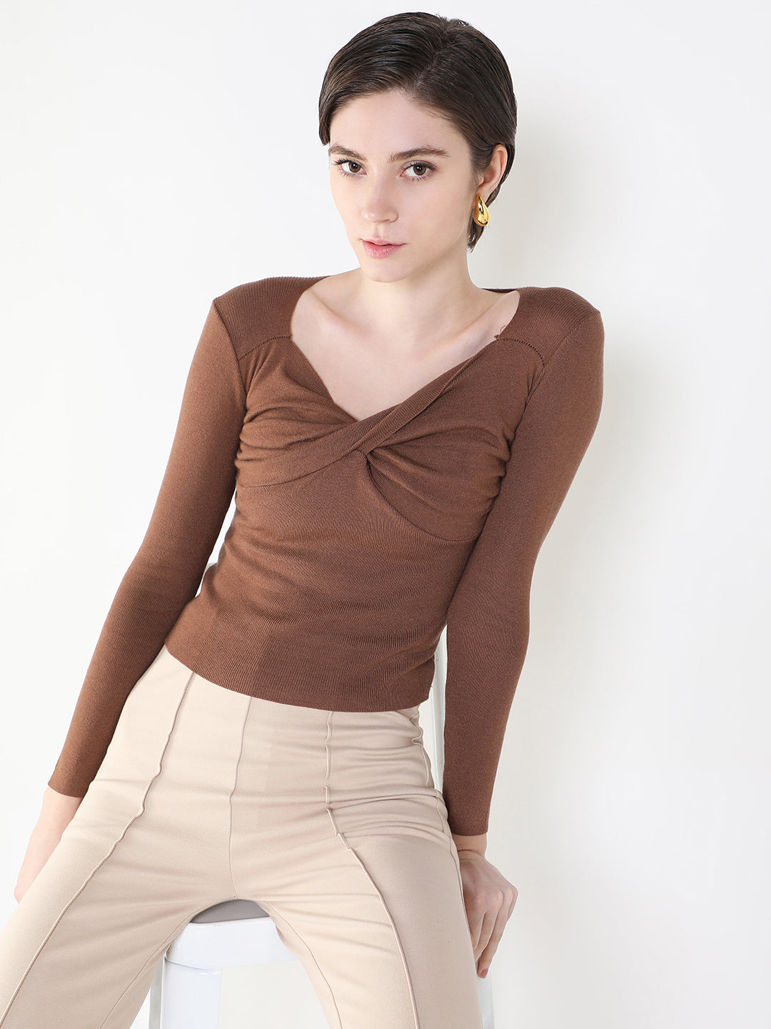 Women Solid Brown Fitted Top