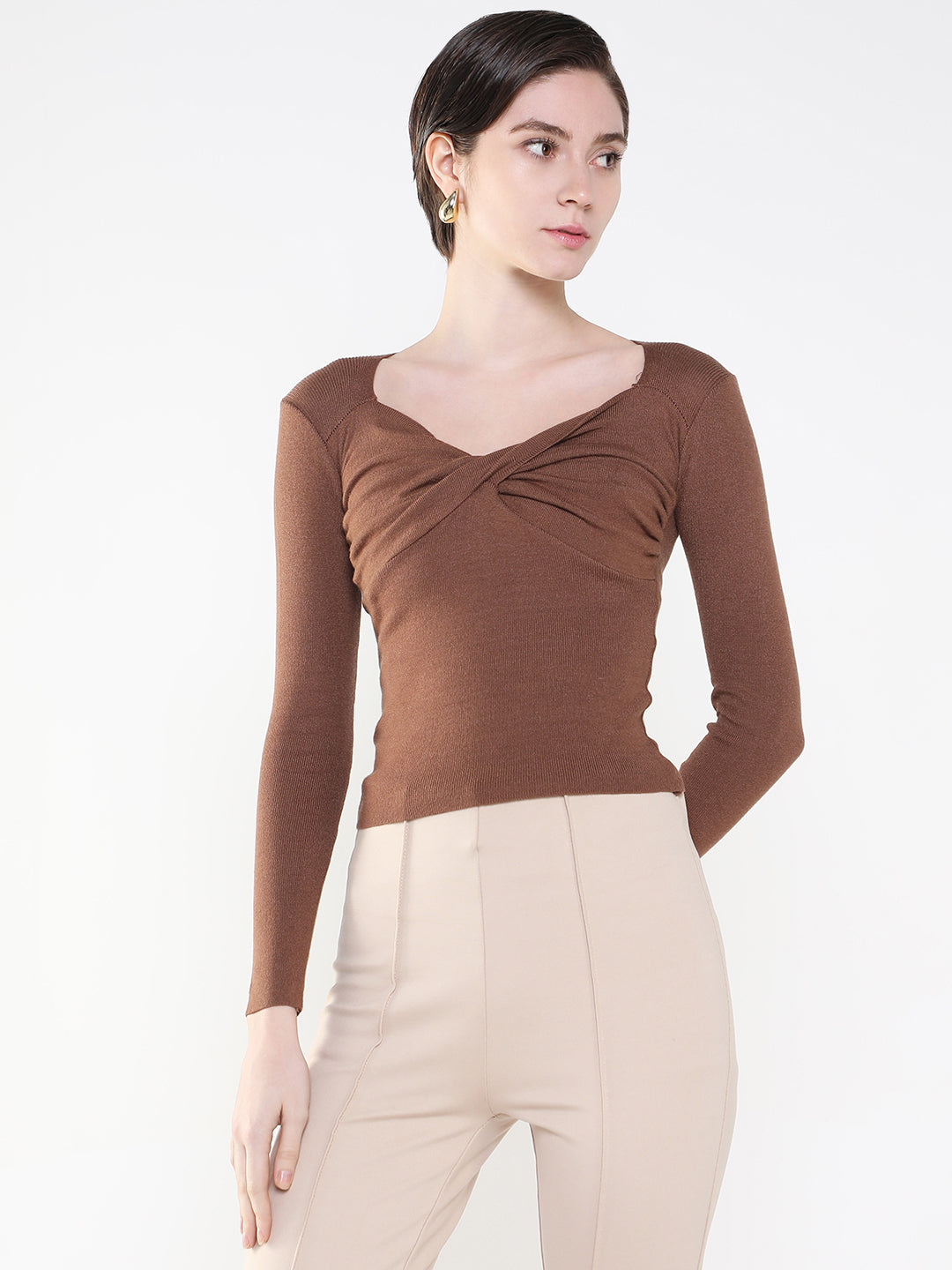 Women Solid Brown Fitted Top