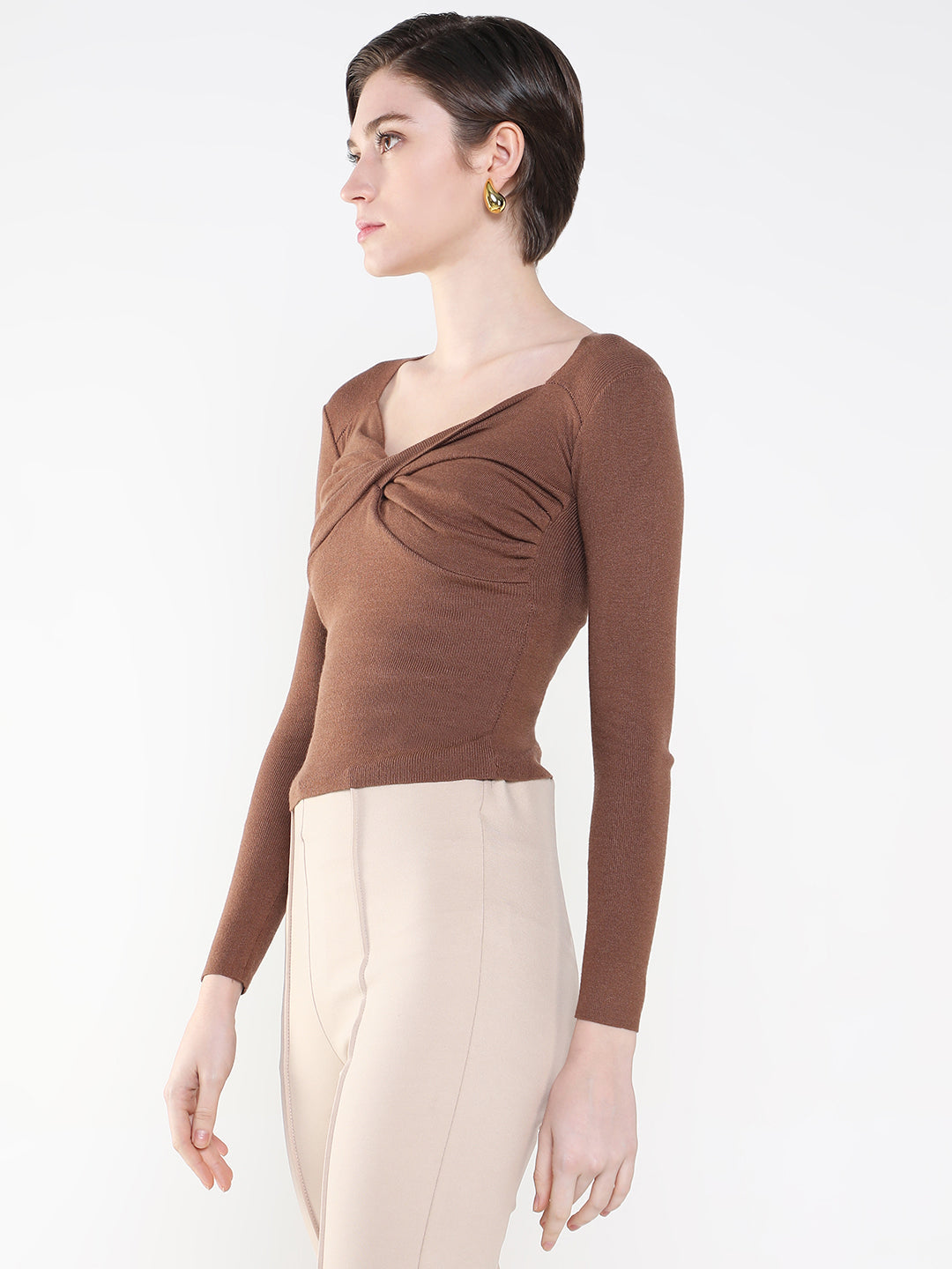 Women Solid Brown Fitted Top