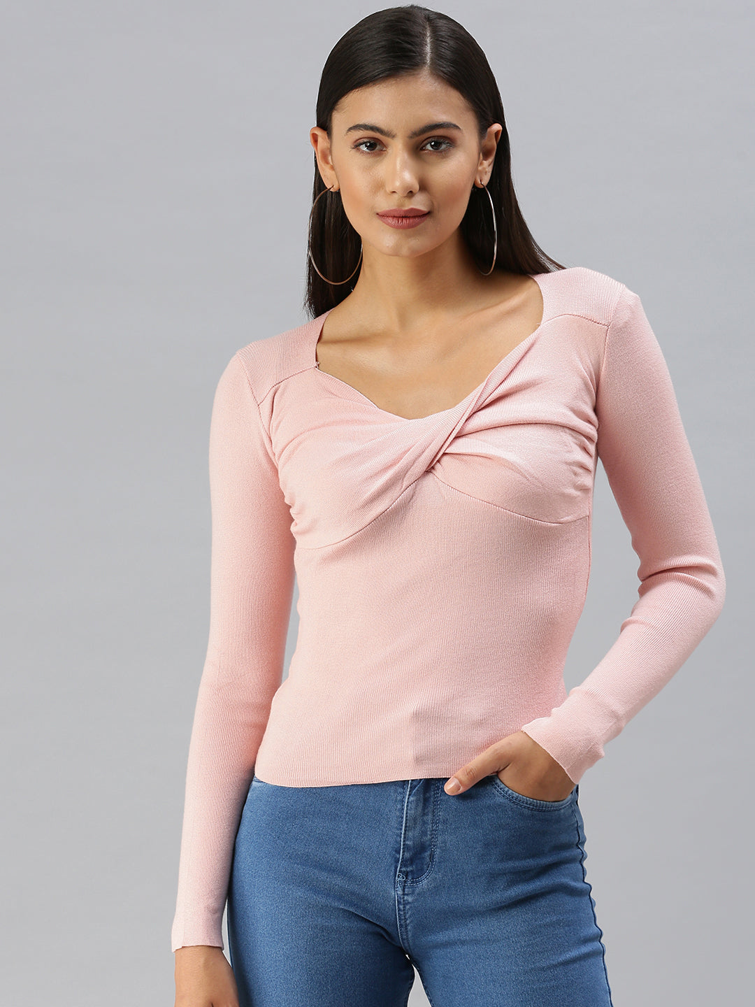 Women Scoop Neck Solid Pink Fitted Top