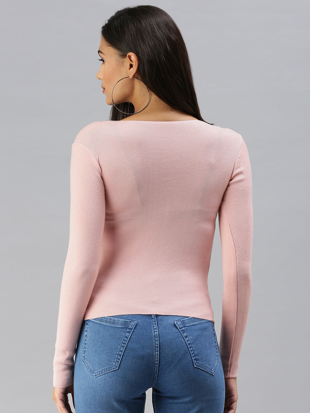 Women Scoop Neck Solid Pink Fitted Top