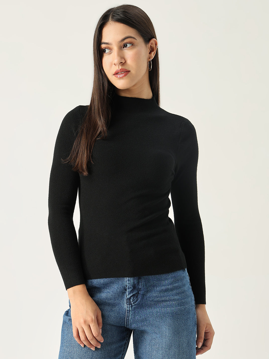 Women Solid Black Fitted Top