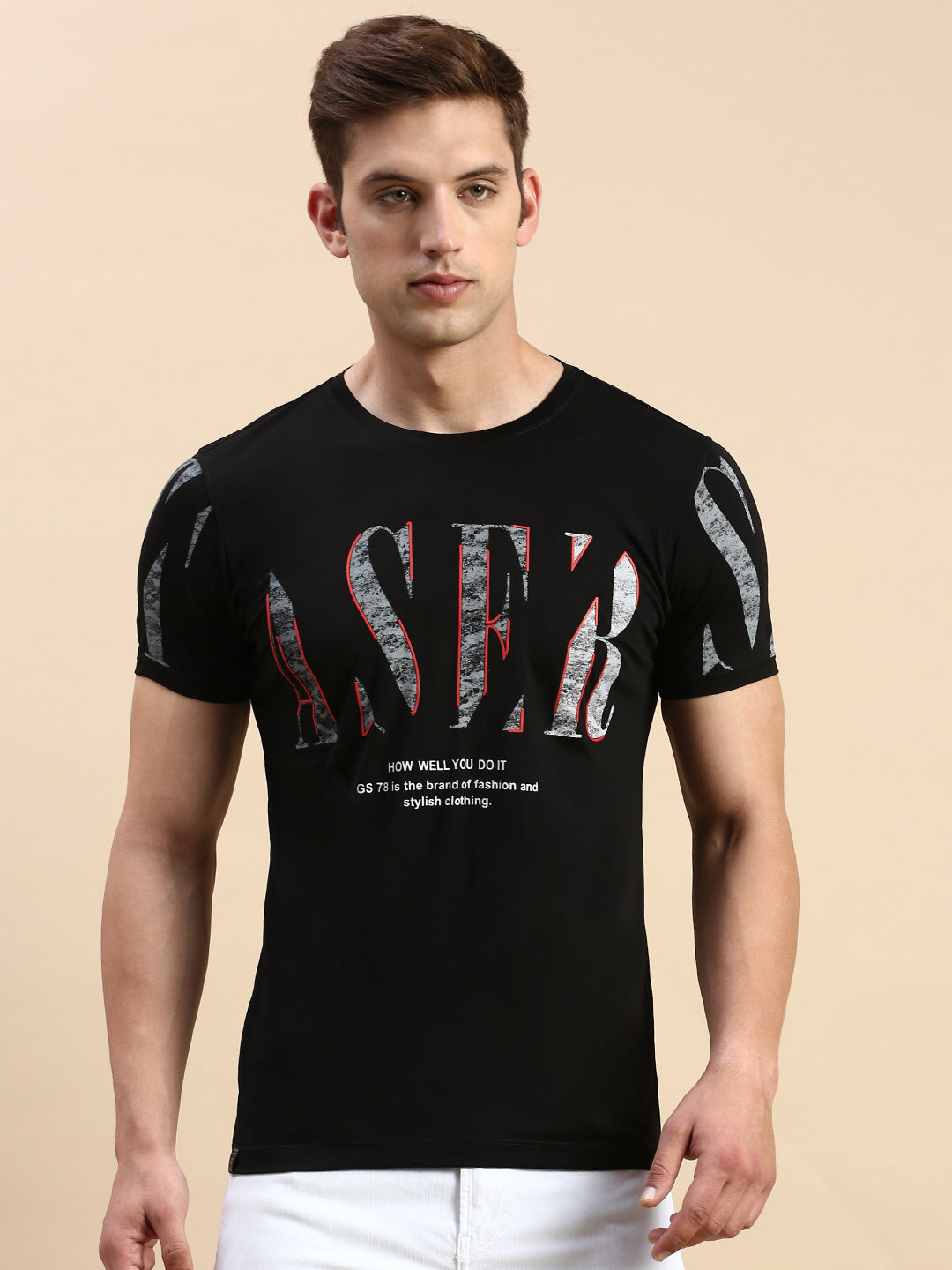 Men Round Neck Typography Black T Shirt