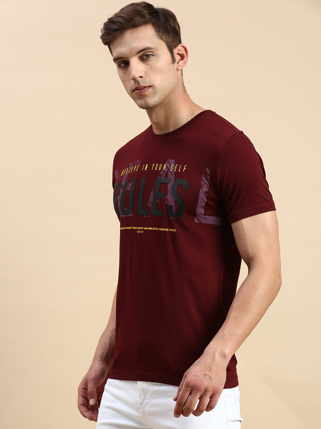 Men Round Neck Typography Burgundy T Shirt
