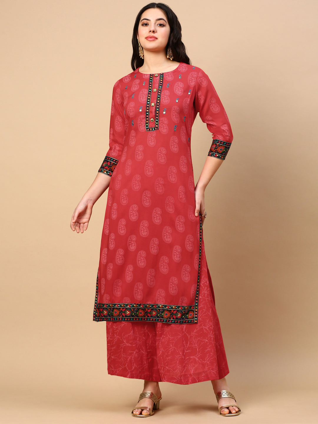 Women Paisley Red Straight Kurta Set