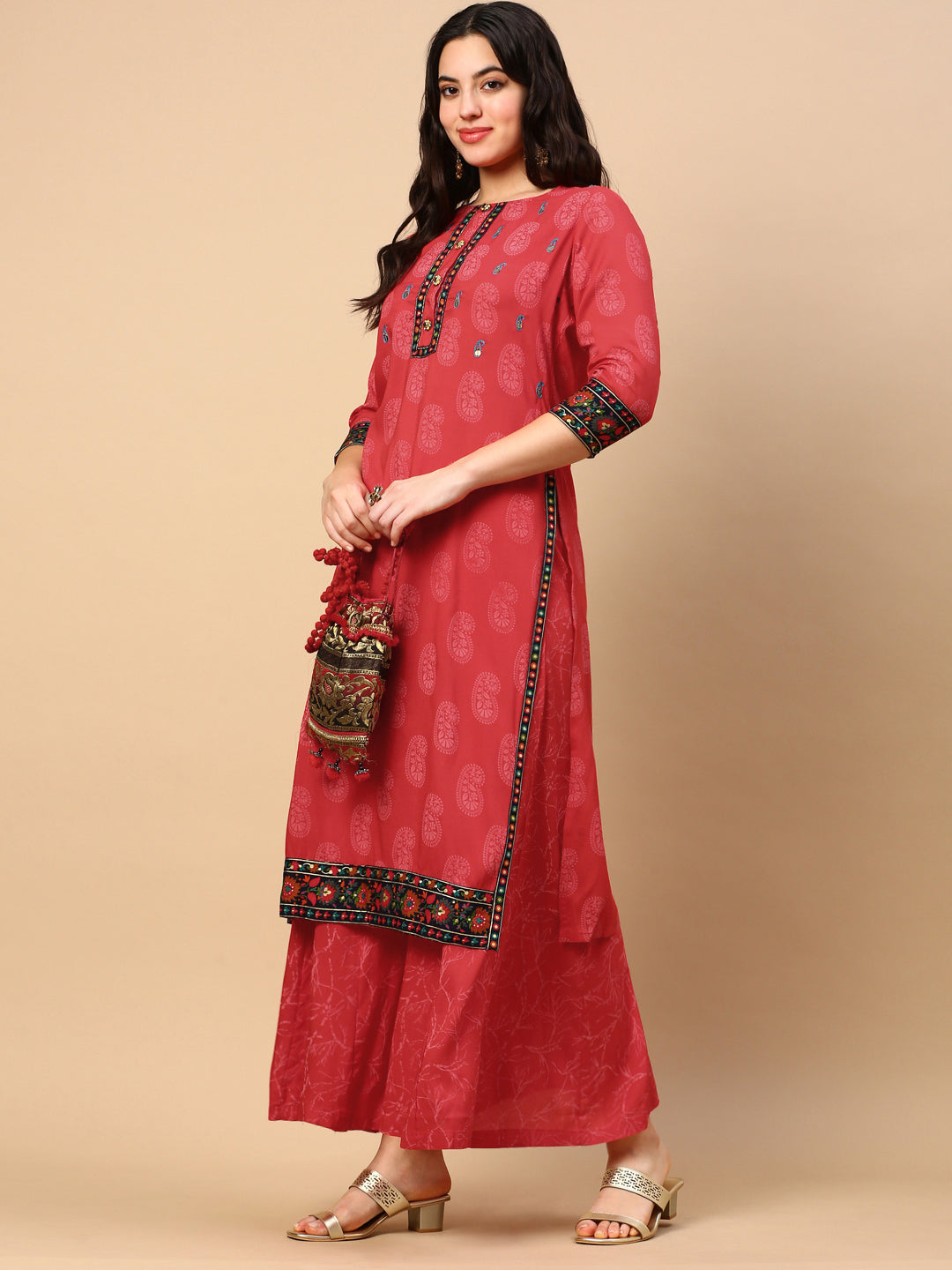 Women Paisley Red Straight Kurta Set