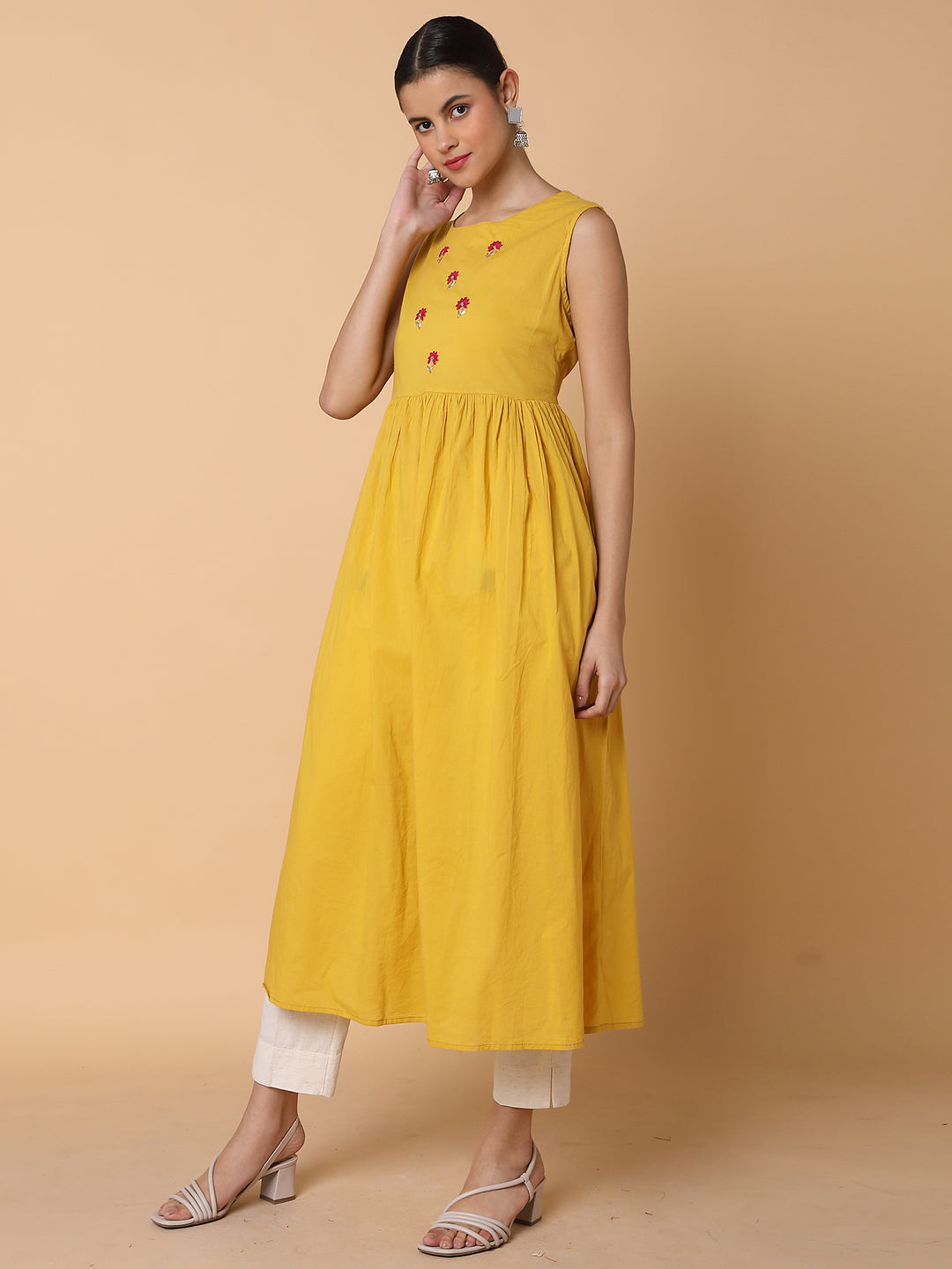 Women Mustard Solid Anarkali Kurta