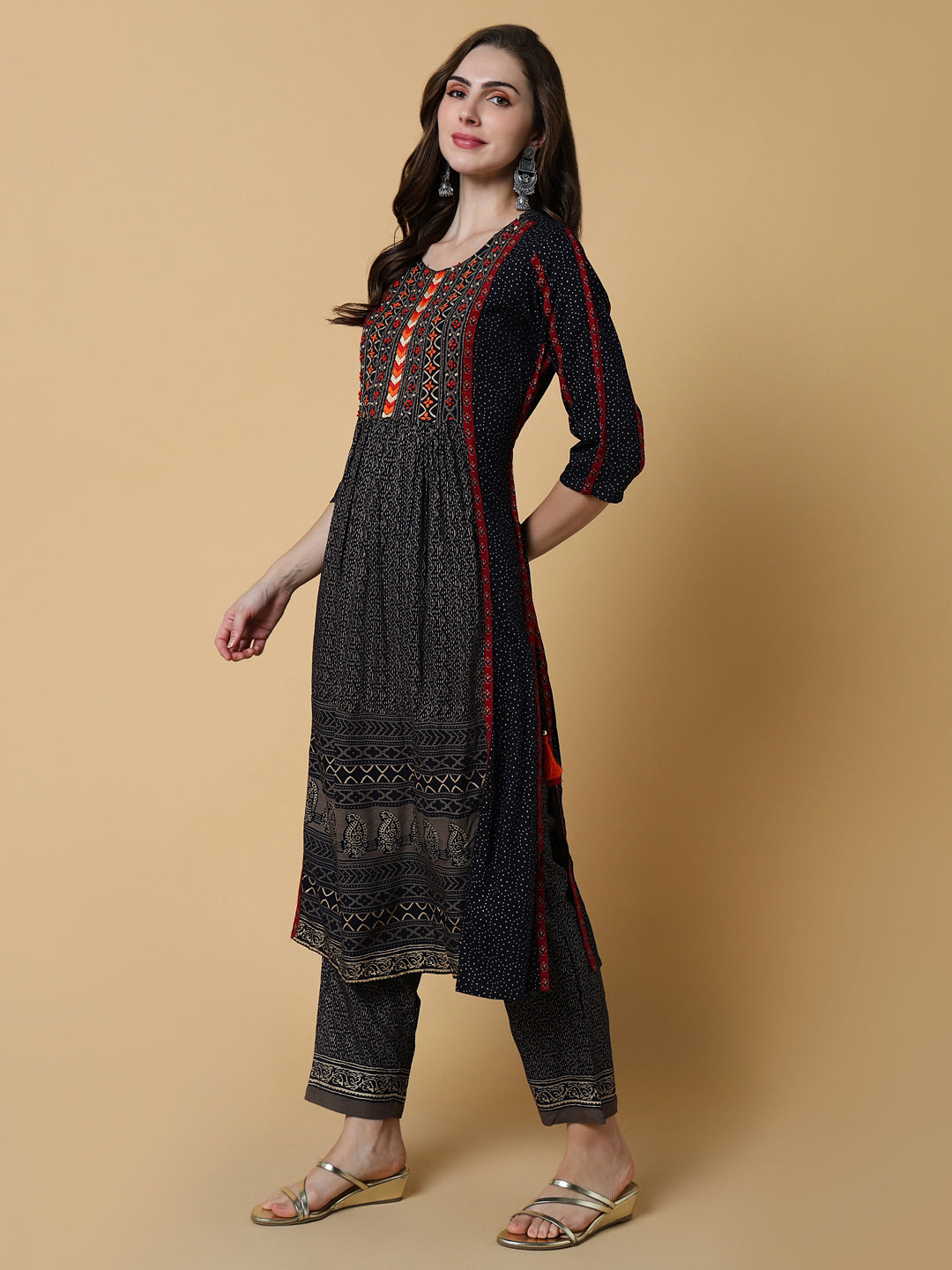 Women Graphic Navy Blue A-Line Kurta Set