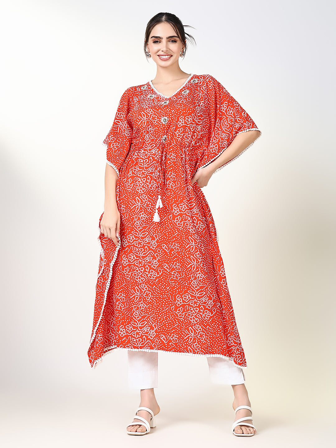 Women Orange Graphic Kaftan Kurta