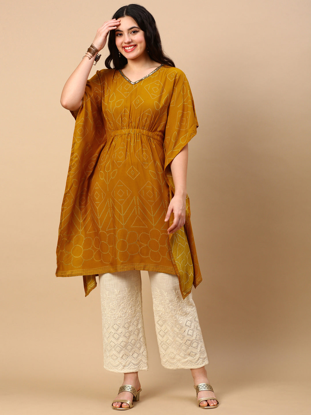 Women Mustard Graphic Kaftan Kurta