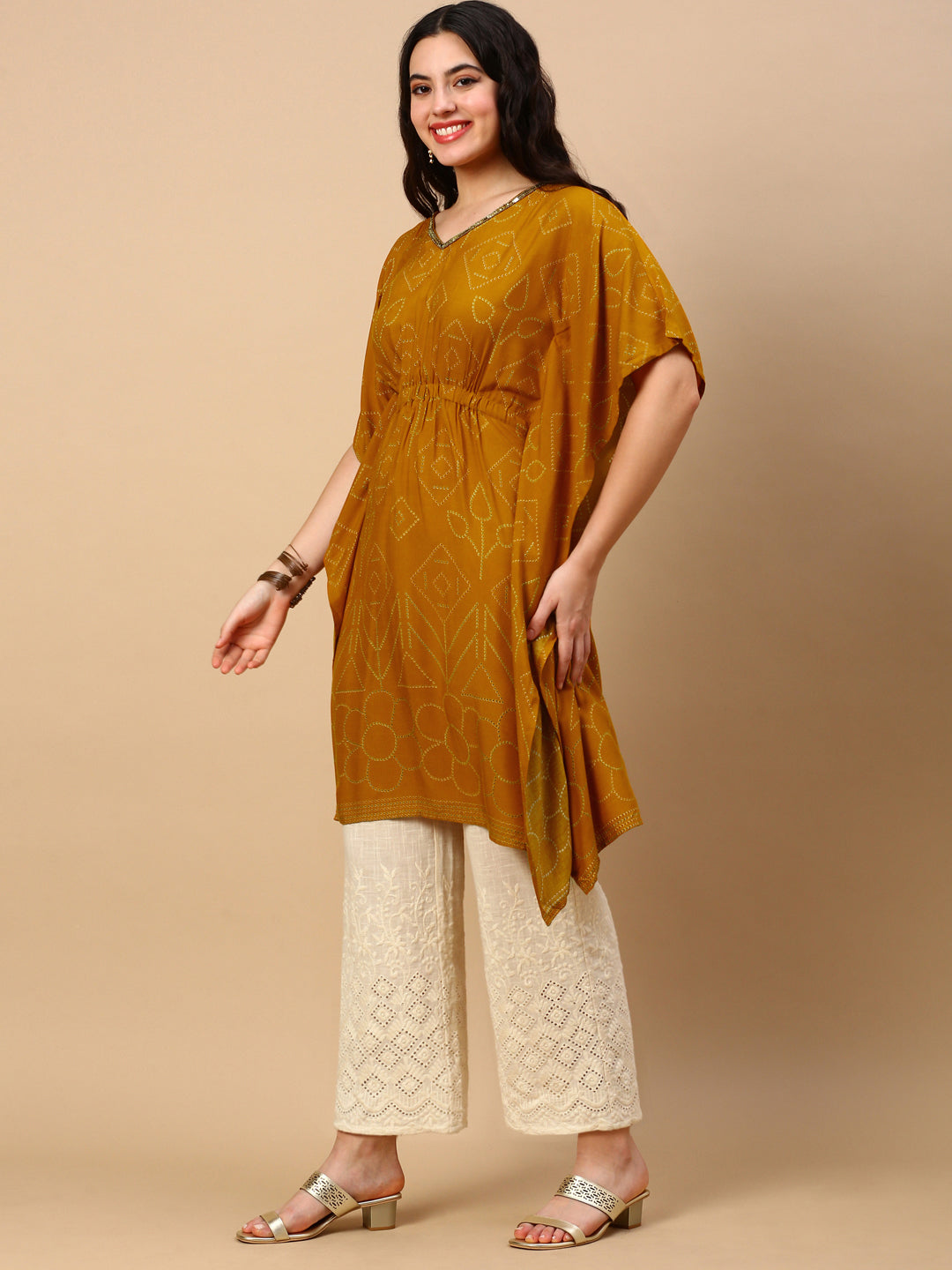 Women Mustard Graphic Kaftan Kurta