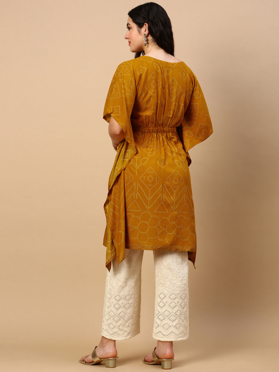 Women Mustard Graphic Kaftan Kurta