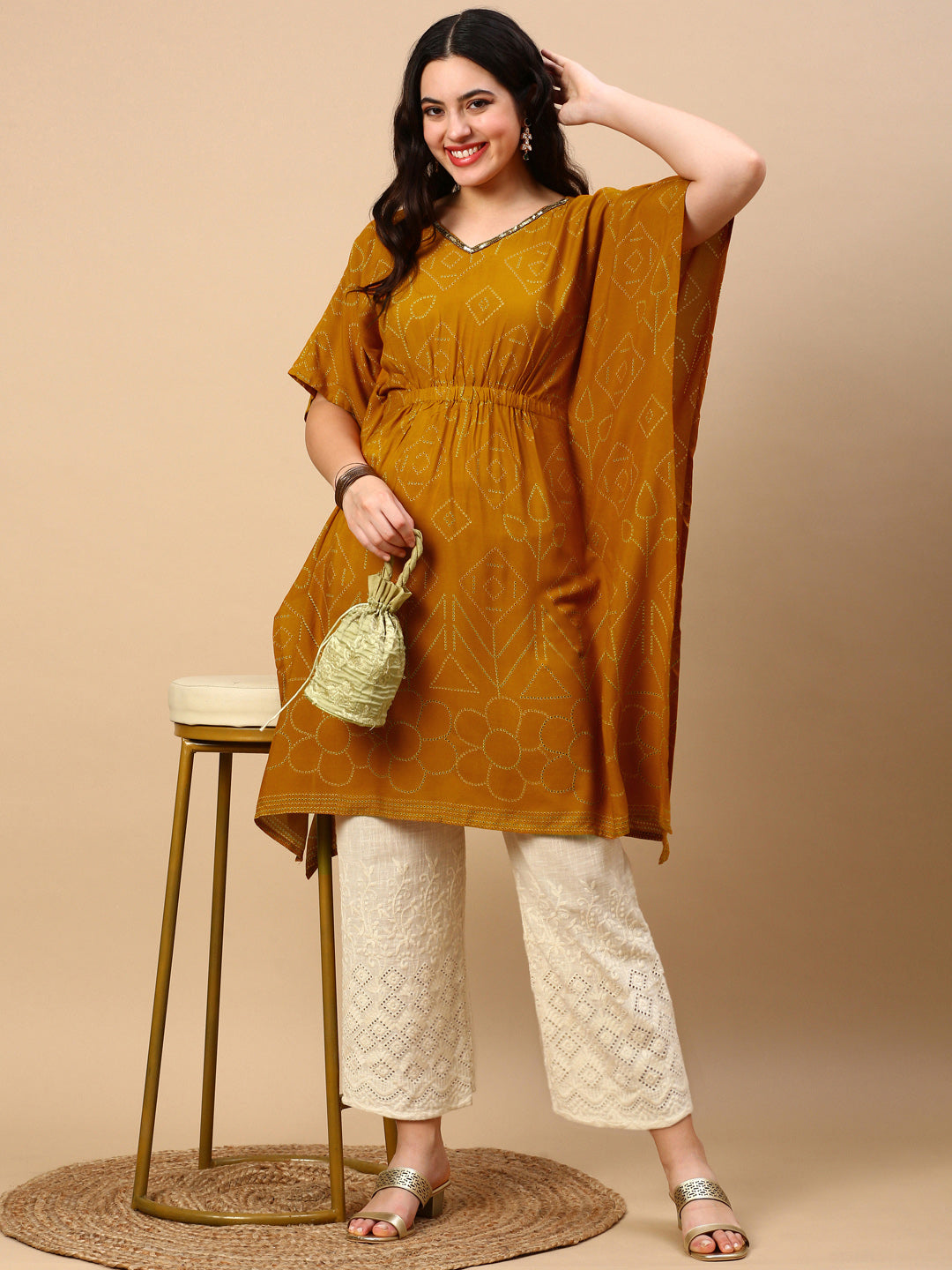 Women Mustard Graphic Kaftan Kurta