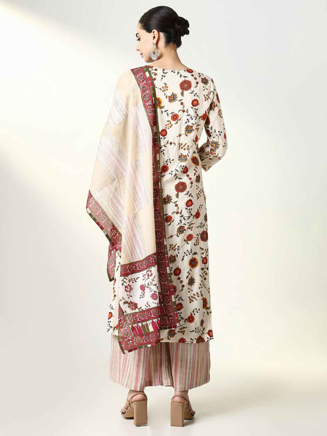 Women Floral Cream Straight Kurta Set with Dupatta