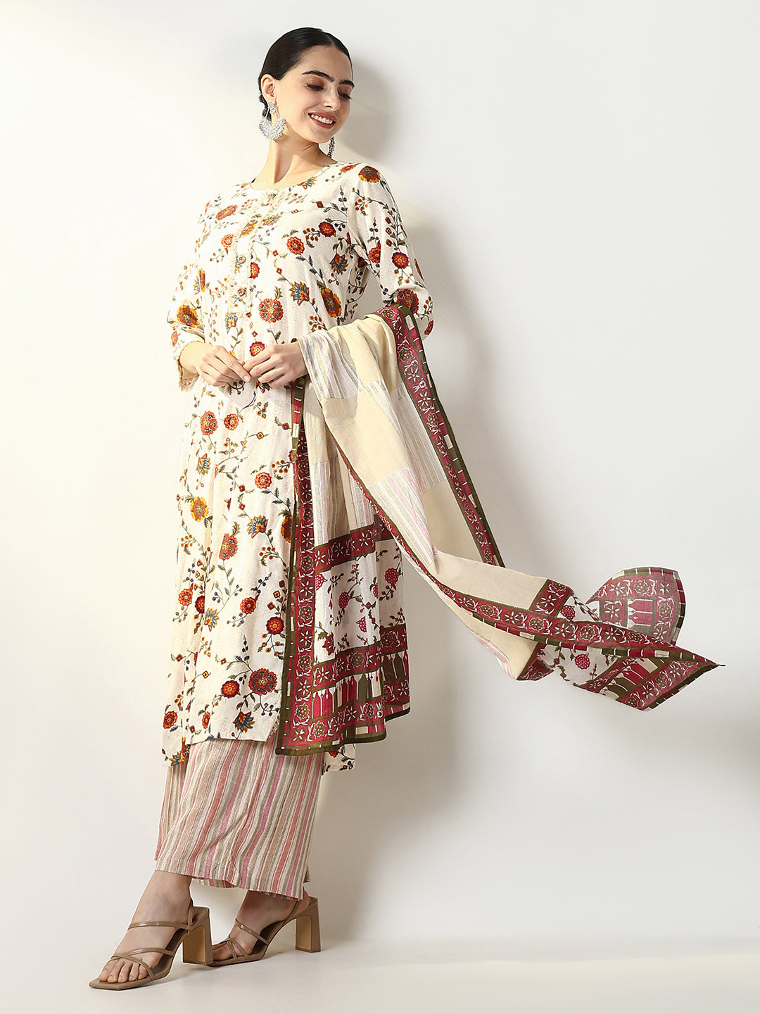 Women Floral Cream Straight Kurta Set with Dupatta