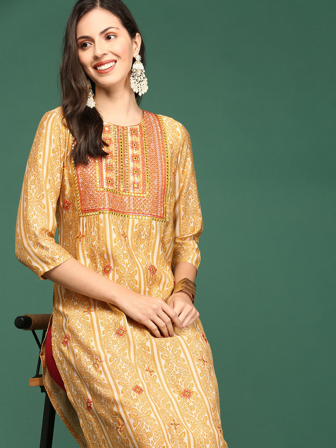 Women's Mustard Solid Straight Kurta