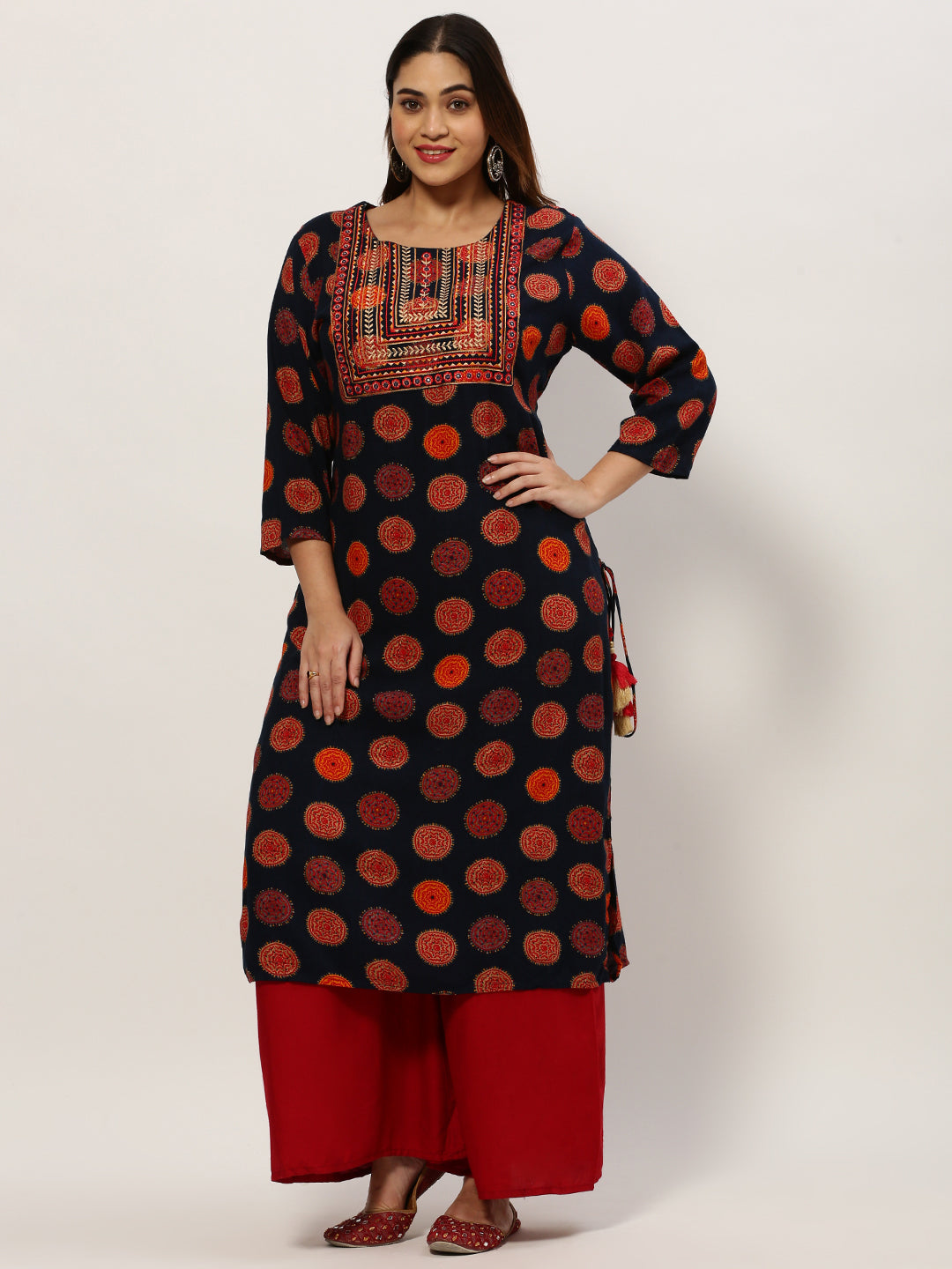 Women Straight Navy Blue Ethnic Motifs Kurta