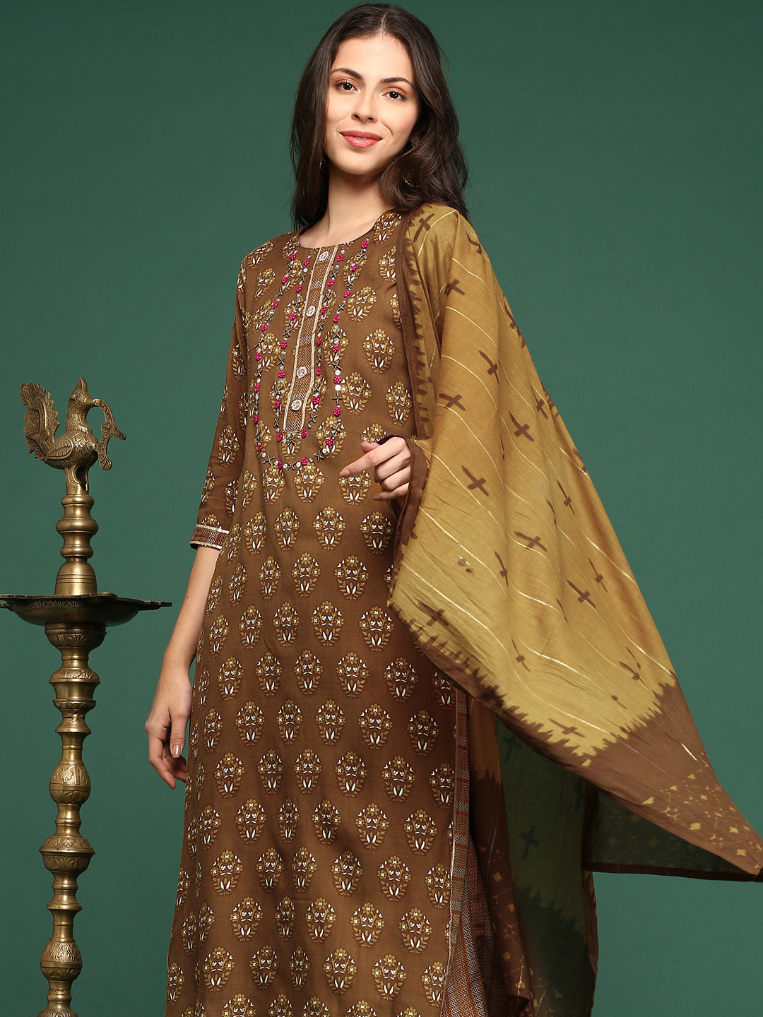 Women Floral Brown Straight Kurta Set with Dupatta