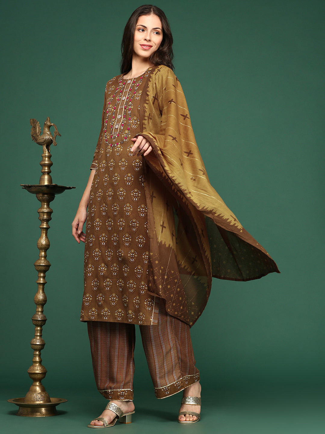 Women Floral Brown Straight Kurta Set with Dupatta