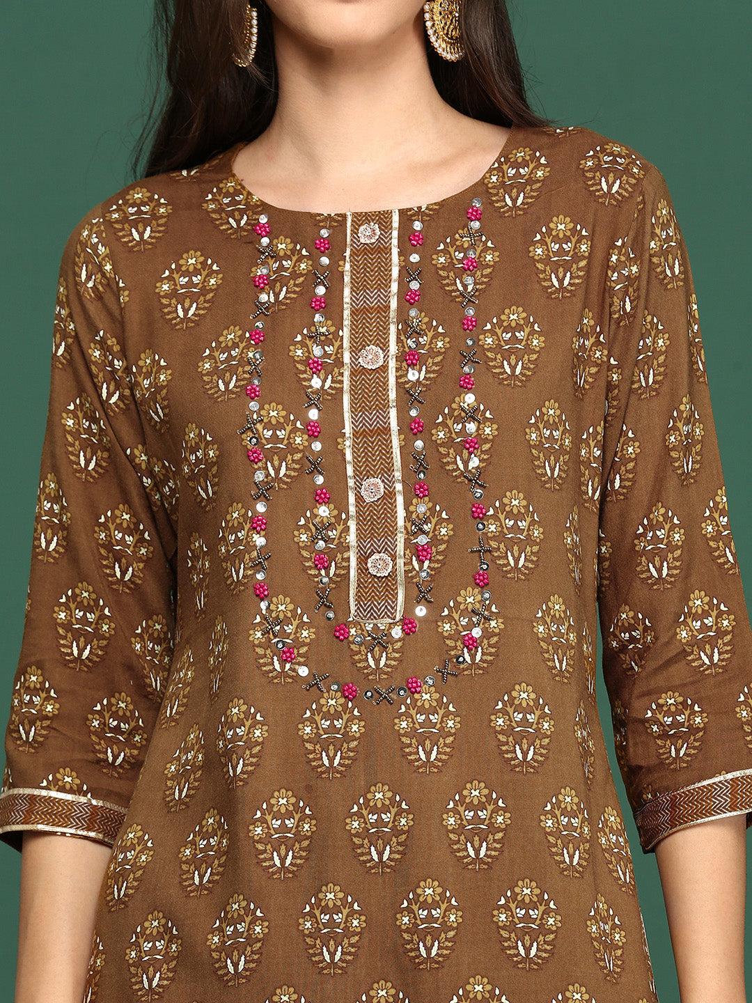 Women Floral Brown Straight Kurta Set with Dupatta