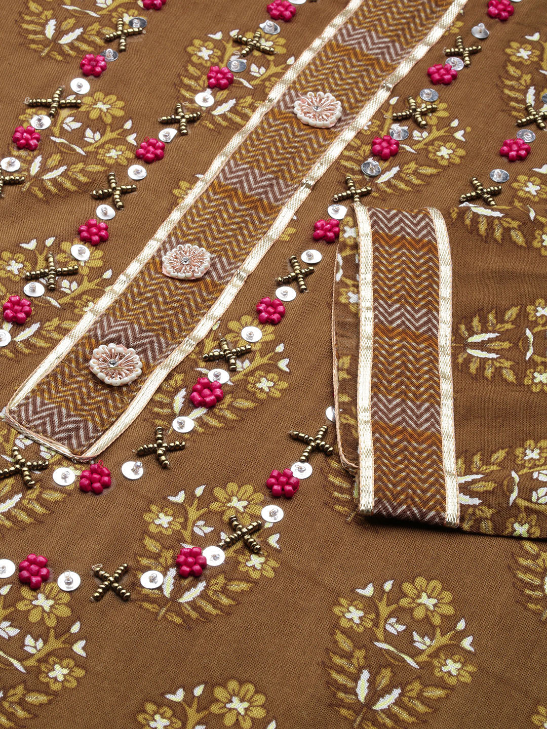 Women Floral Brown Straight Kurta Set with Dupatta