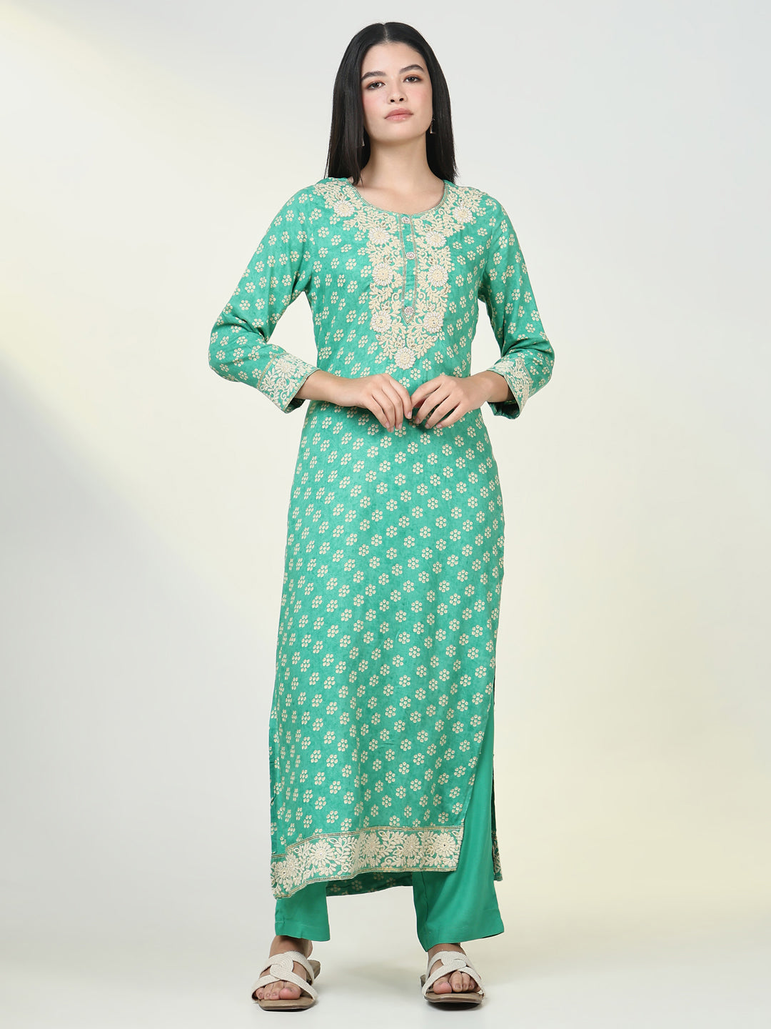 Women Bandhani Green Straight Kurta Set