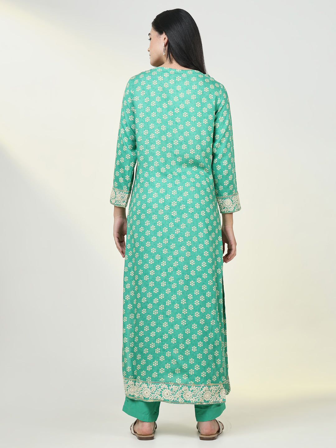 Women Bandhani Green Straight Kurta Set