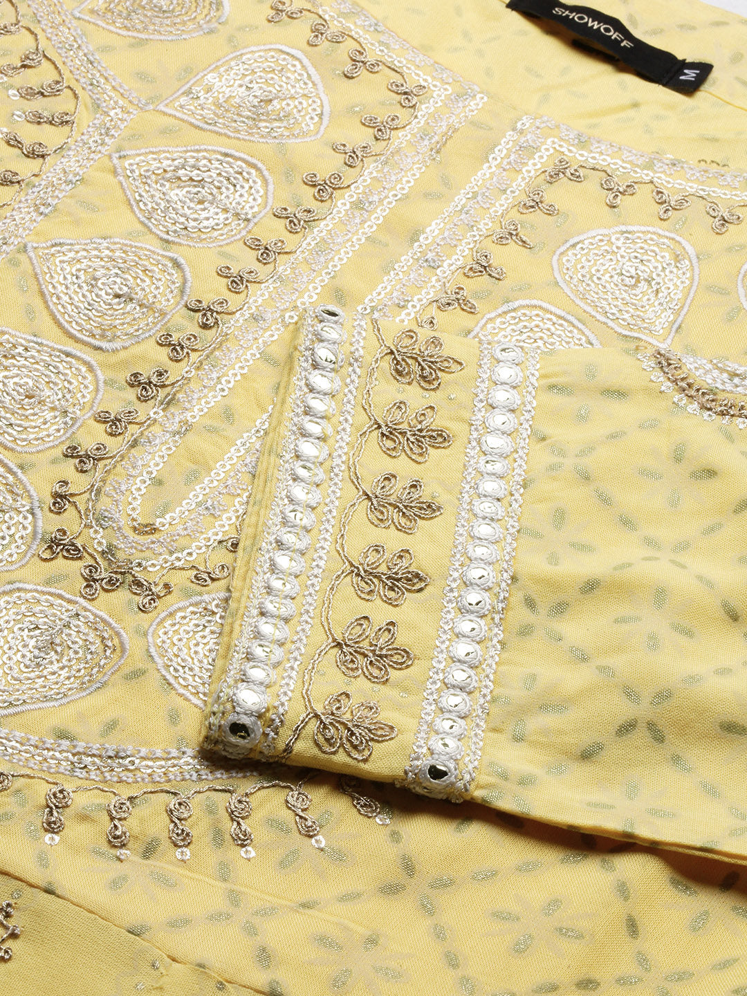 Women Ethnic Motifs Yellow Anarkali Kurta Set with Dupatta and Potli Bag