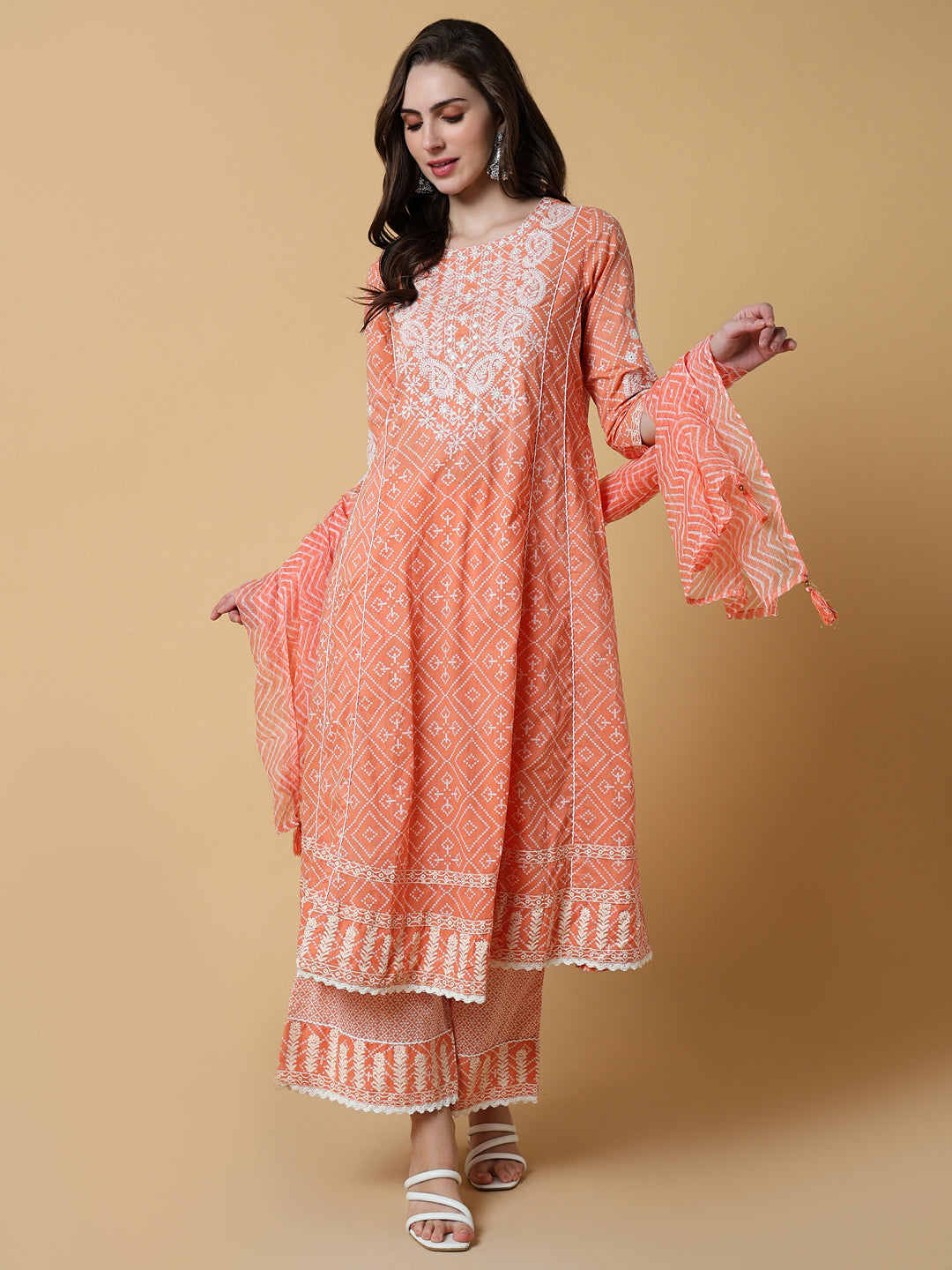 Women Graphic Orange Anarkali Kurta Set with Dupatta