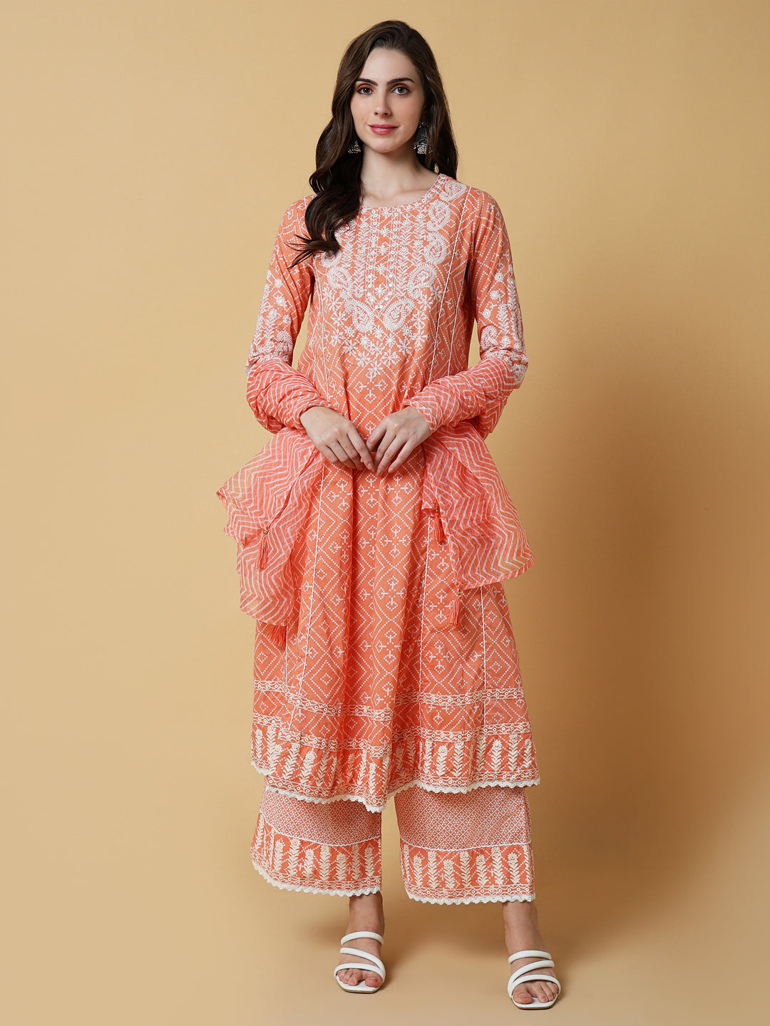 Women Graphic Orange Anarkali Kurta Set with Dupatta