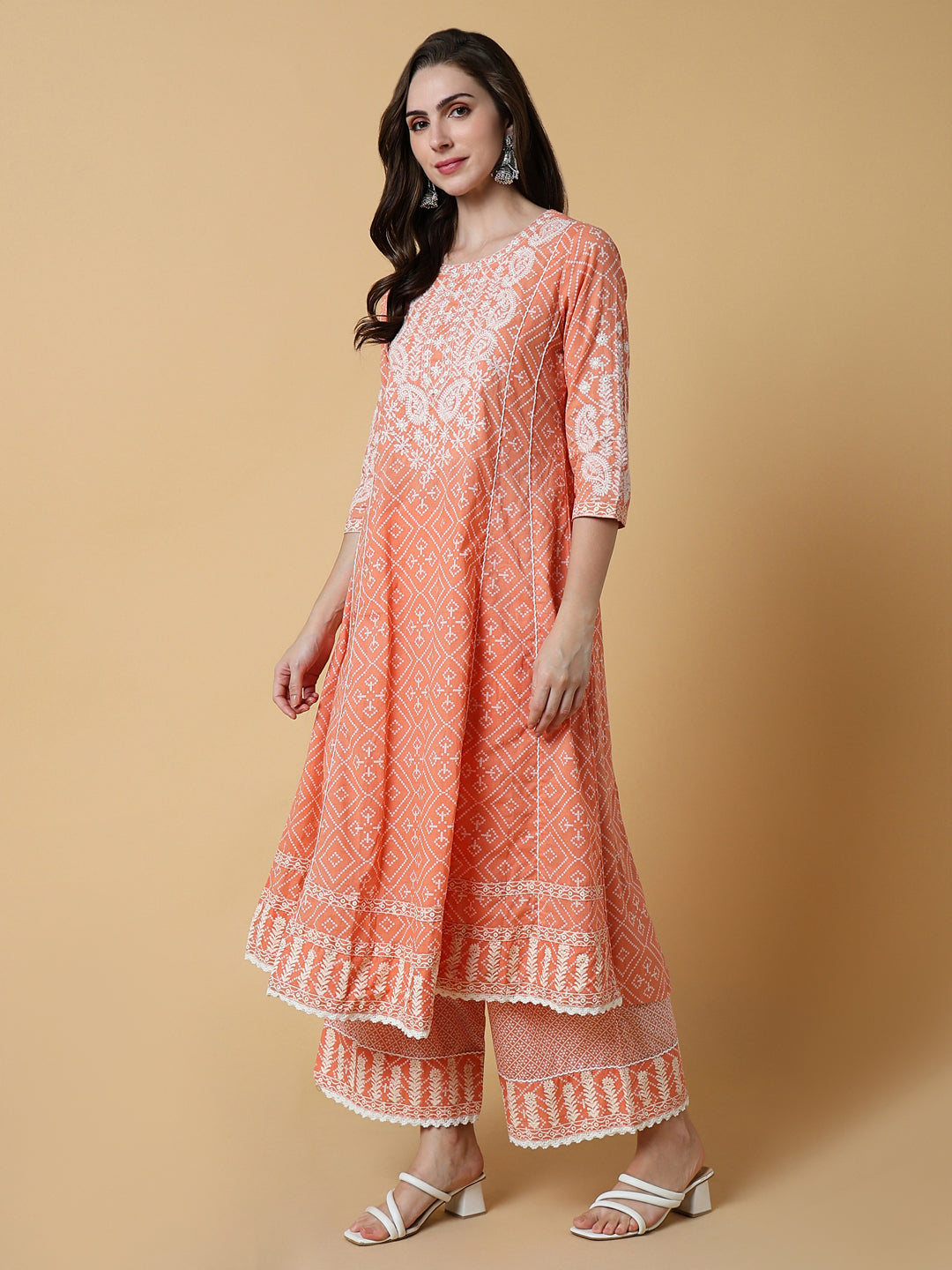 Women Graphic Orange Anarkali Kurta Set with Dupatta