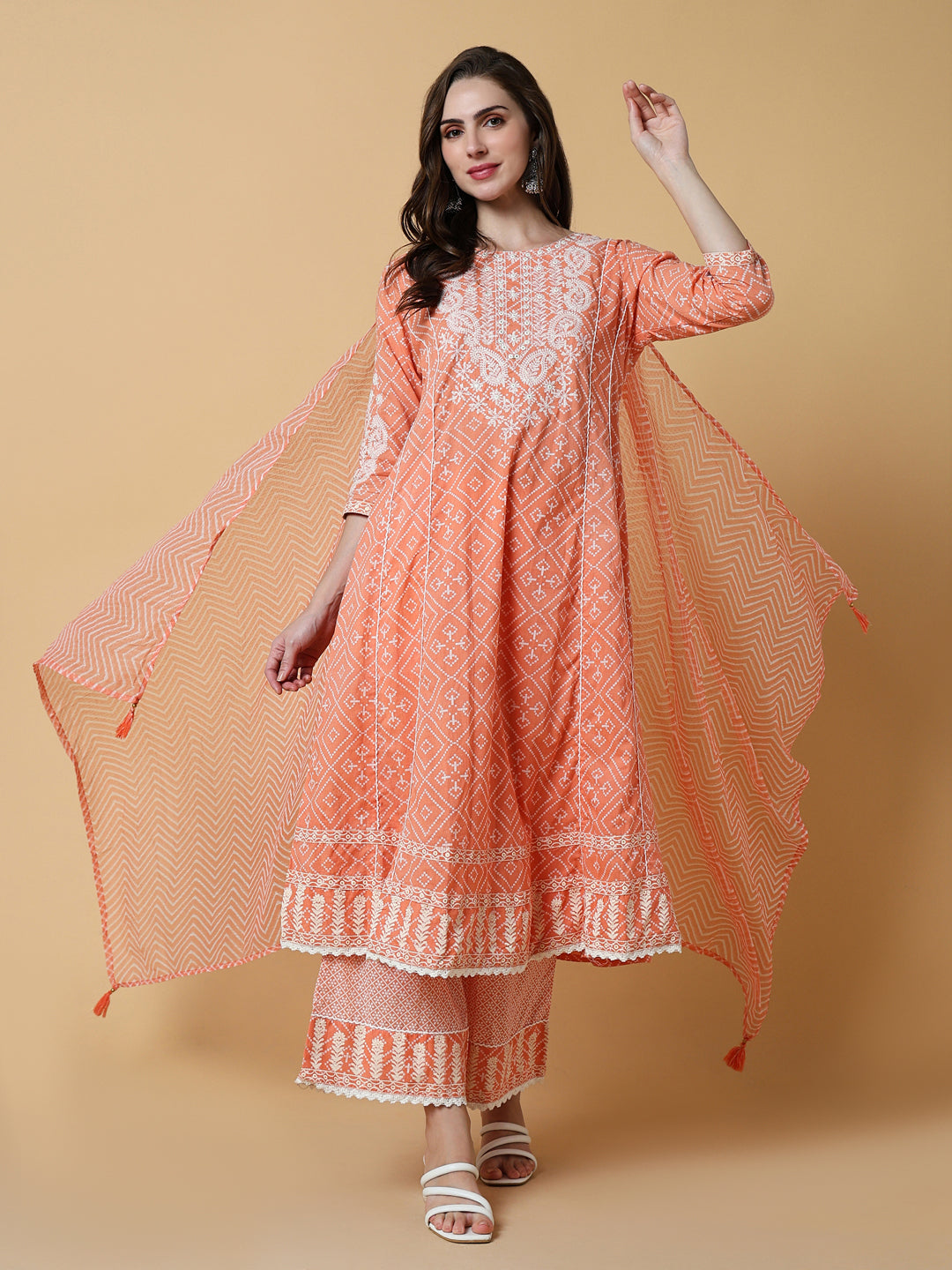 Women Graphic Orange Anarkali Kurta Set with Dupatta