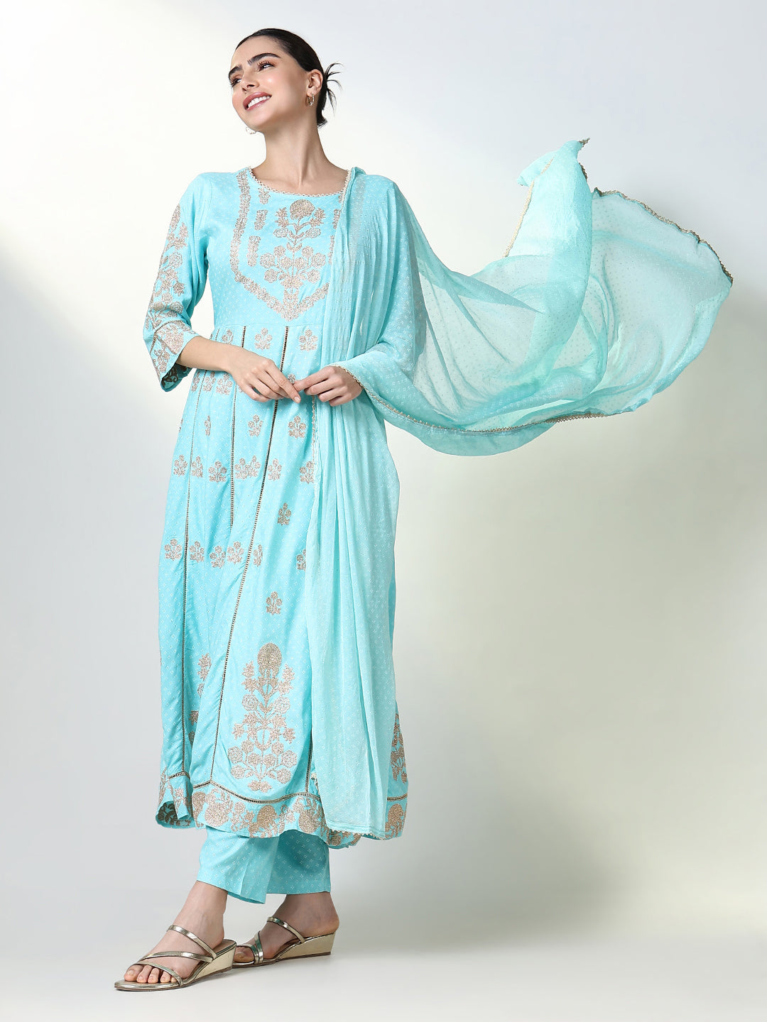 Women Floral Blue A Line Kurta Set with Dupatta