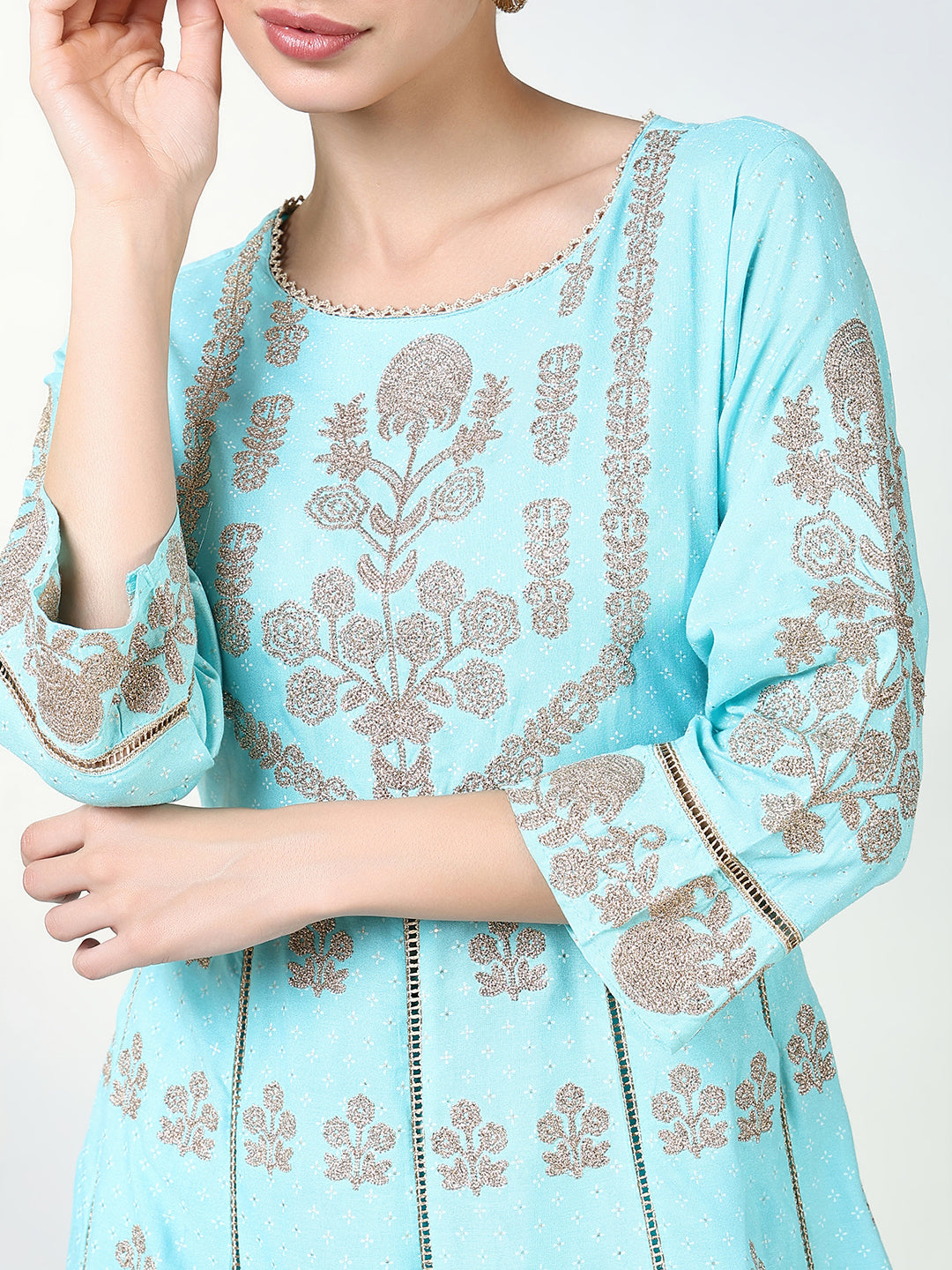 Women Floral Blue A Line Kurta Set with Dupatta