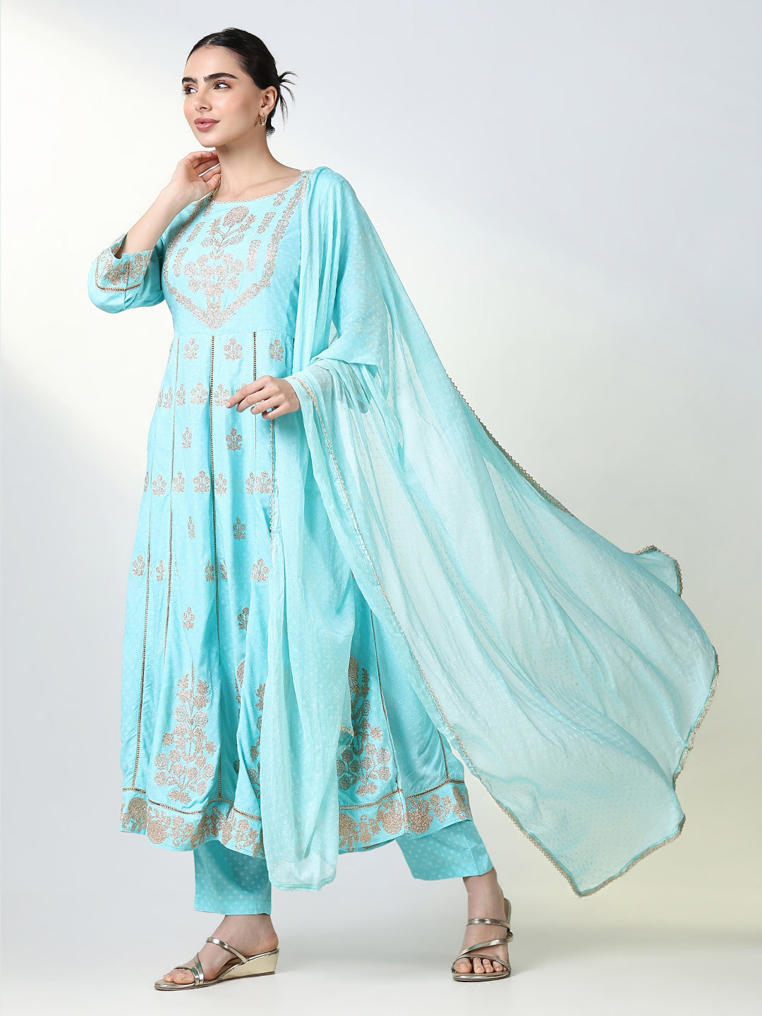 Women Floral Blue A Line Kurta Set with Dupatta