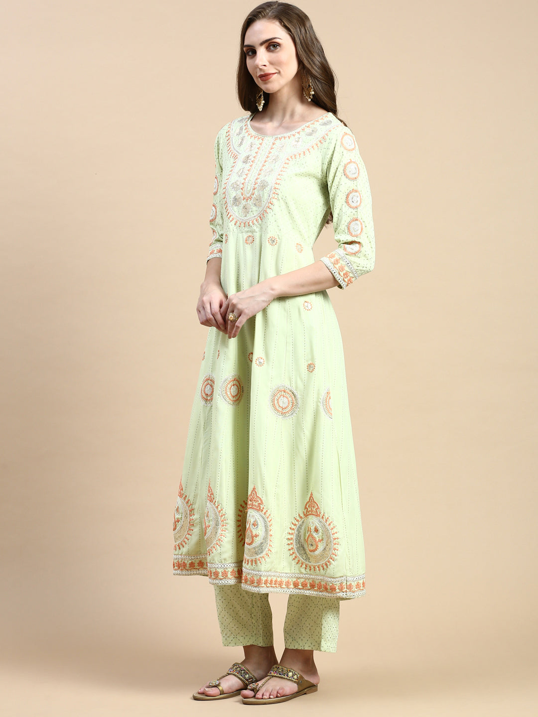 Women Ethnic Motifs Green Anarkali Kurta Set with Dupatta and Potli Bag