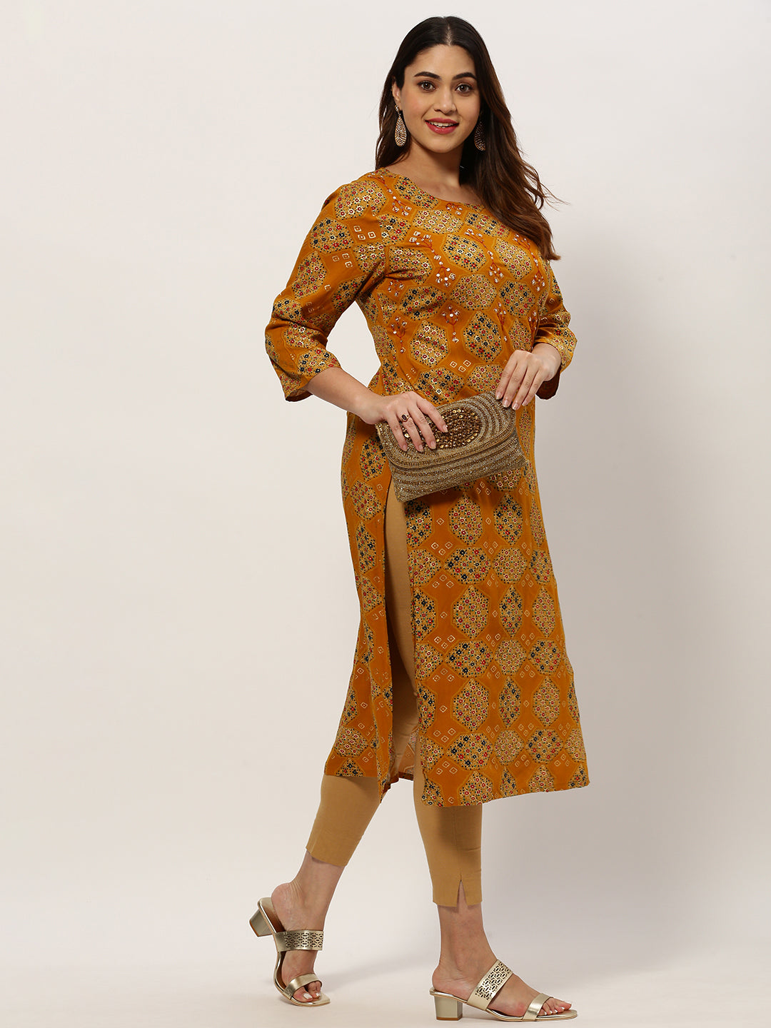 Women Straight Mustard Ethnic Motifs Kurta