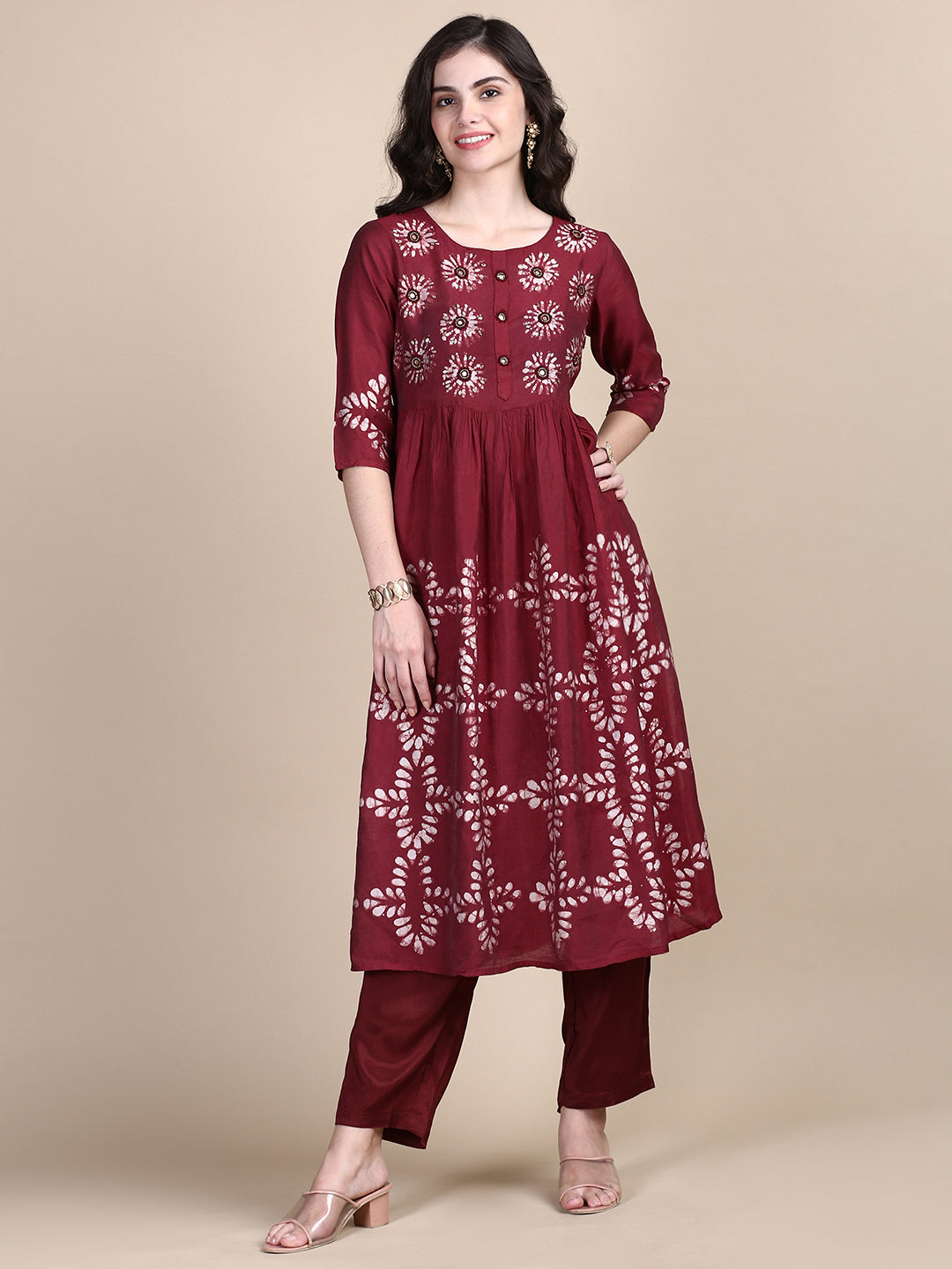 Women Floral Maroon A-Line Kurta Set