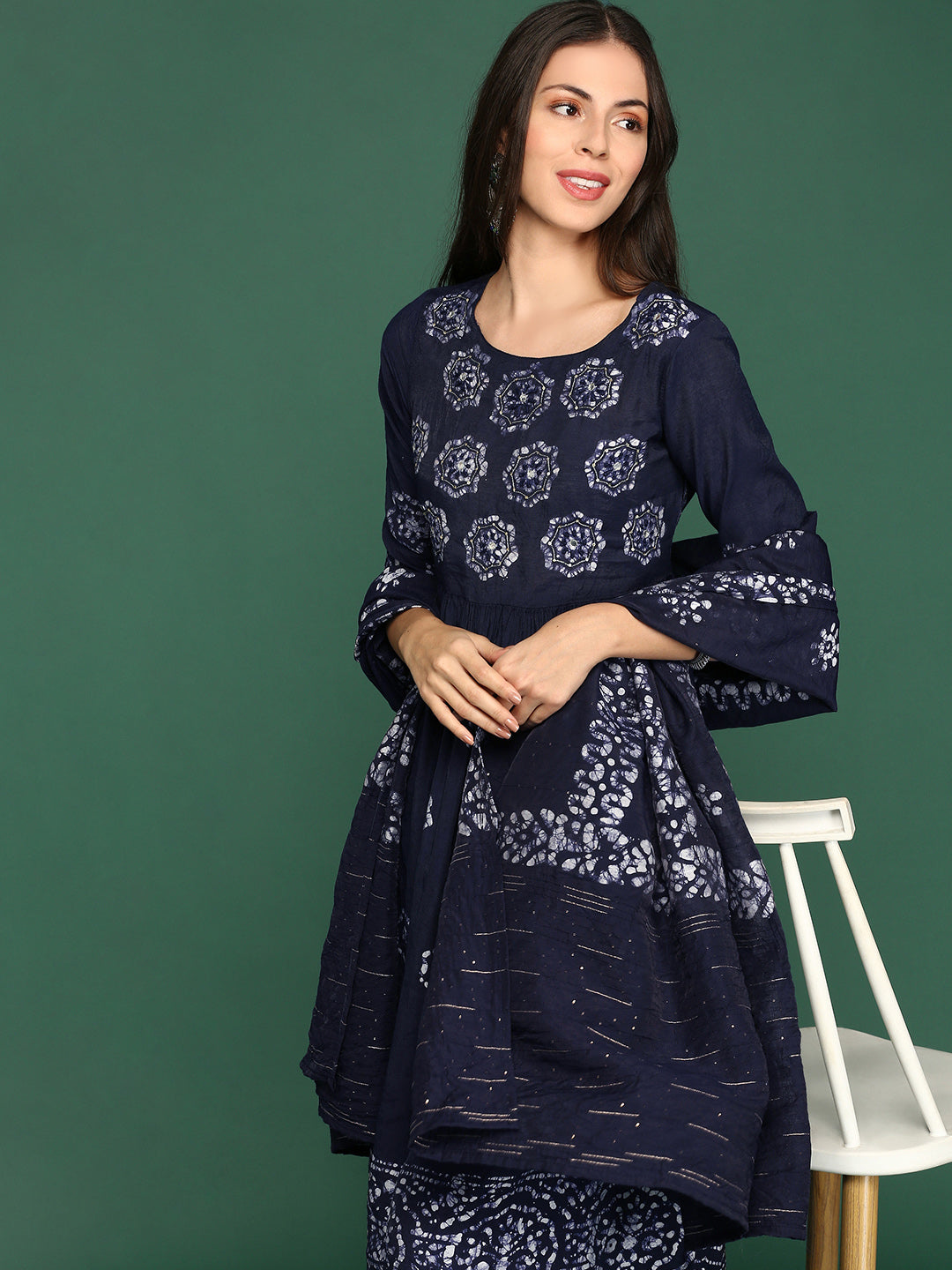 Women Floral Navy Blue A-Line Kurta Set with Dupatta