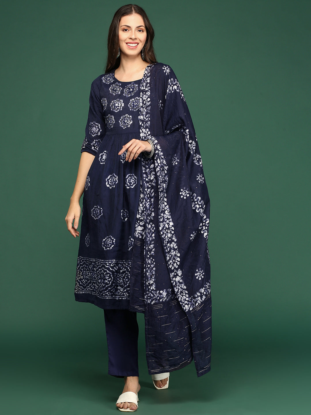 Women Floral Navy Blue A-Line Kurta Set with Dupatta