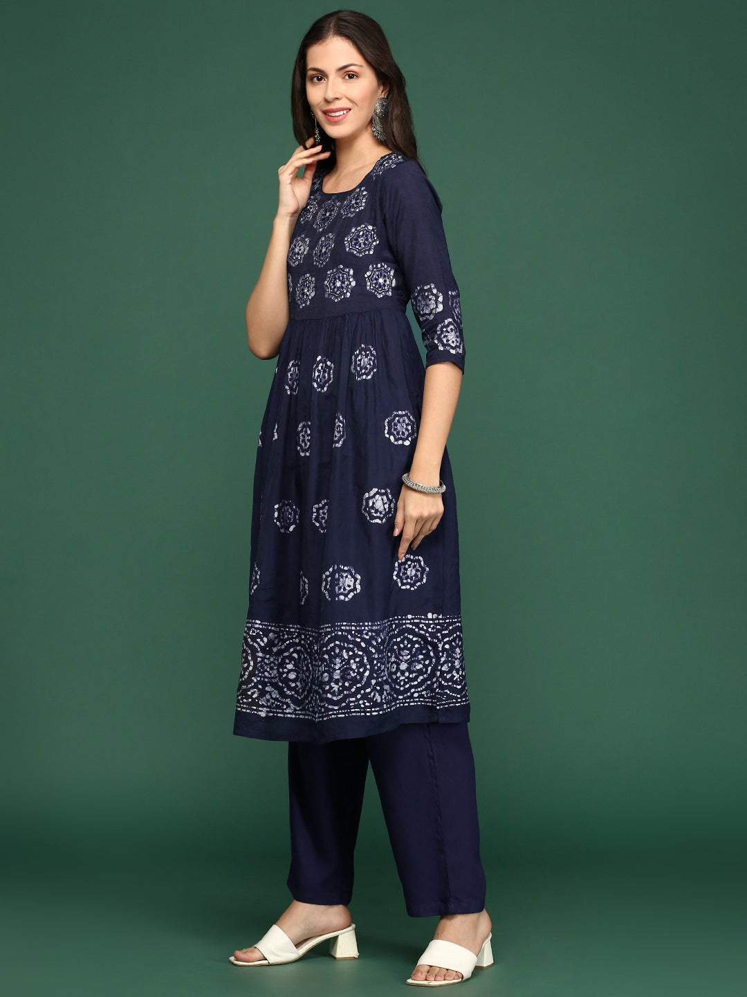 Women Floral Navy Blue A-Line Kurta Set with Dupatta