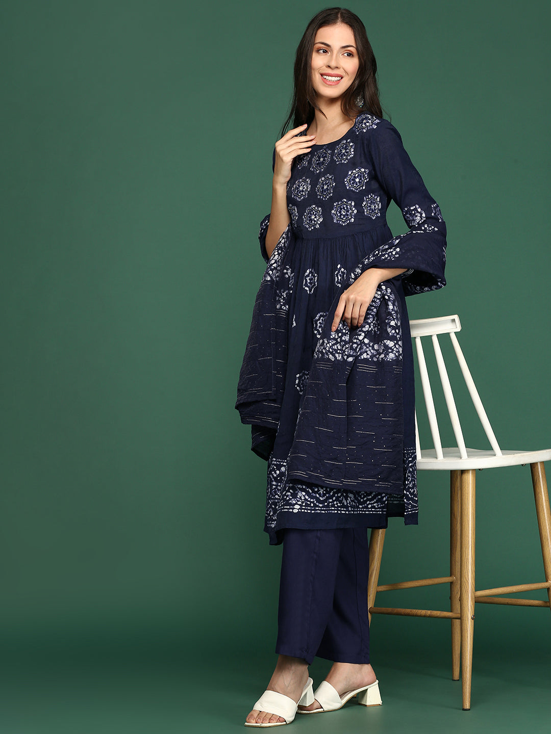 Women Floral Navy Blue A-Line Kurta Set with Dupatta