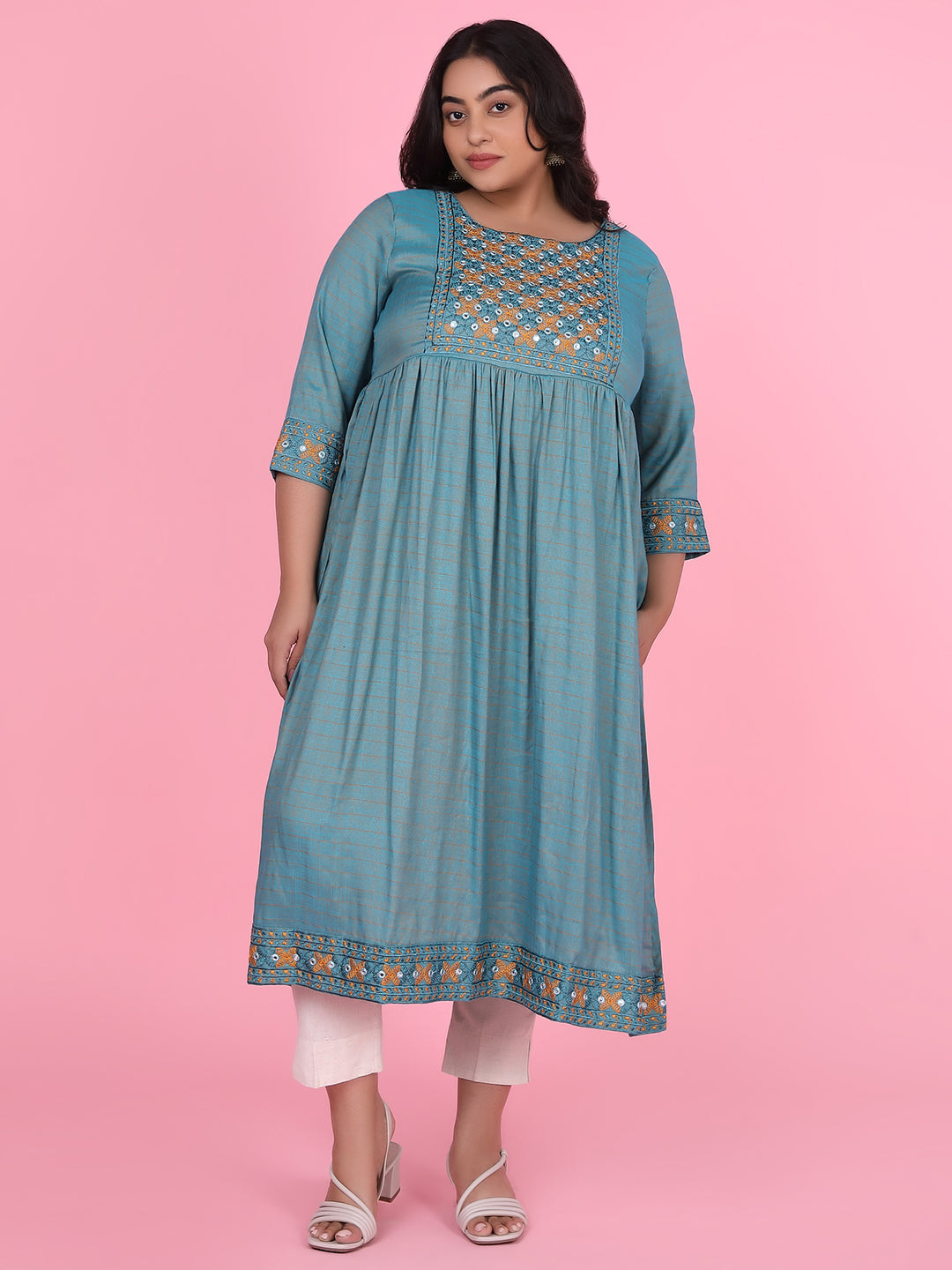 Women Teal Woven Design A Line Kurta