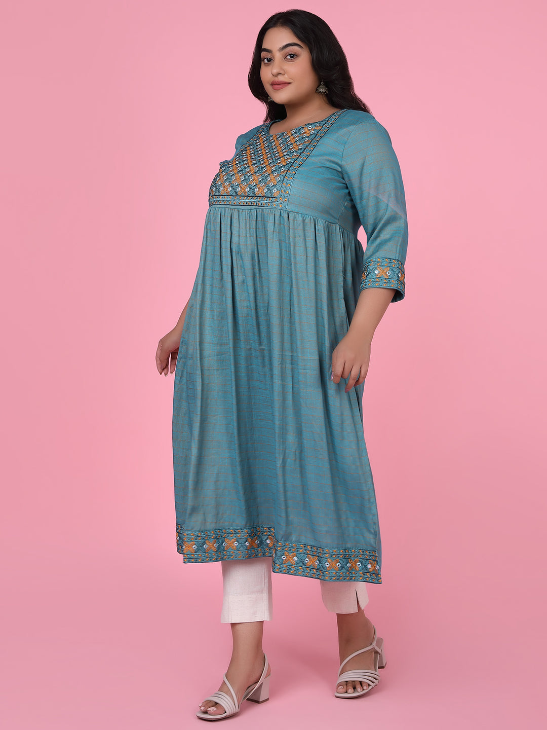 Women Teal Woven Design A Line Kurta