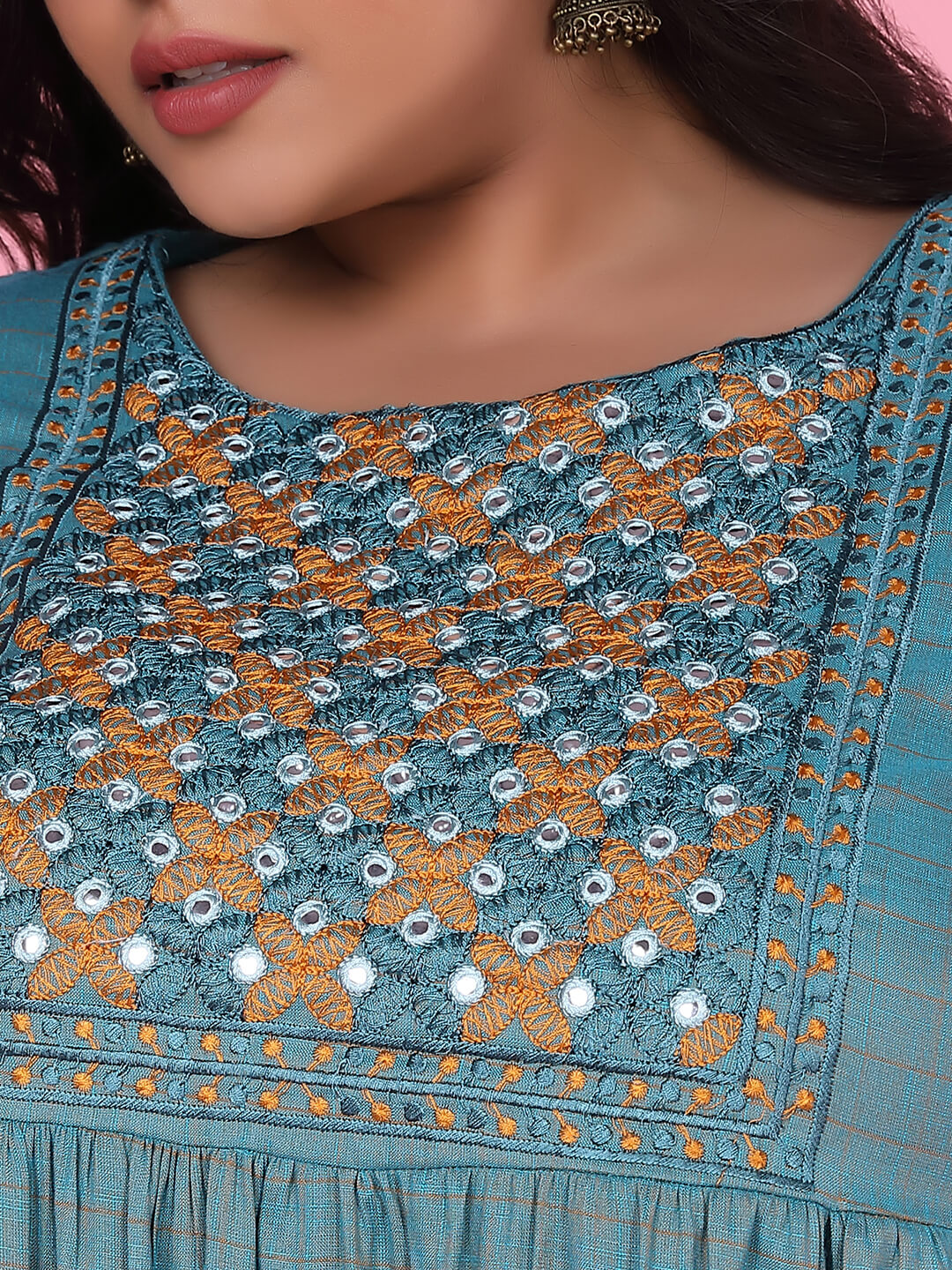 Women Teal Woven Design A Line Kurta